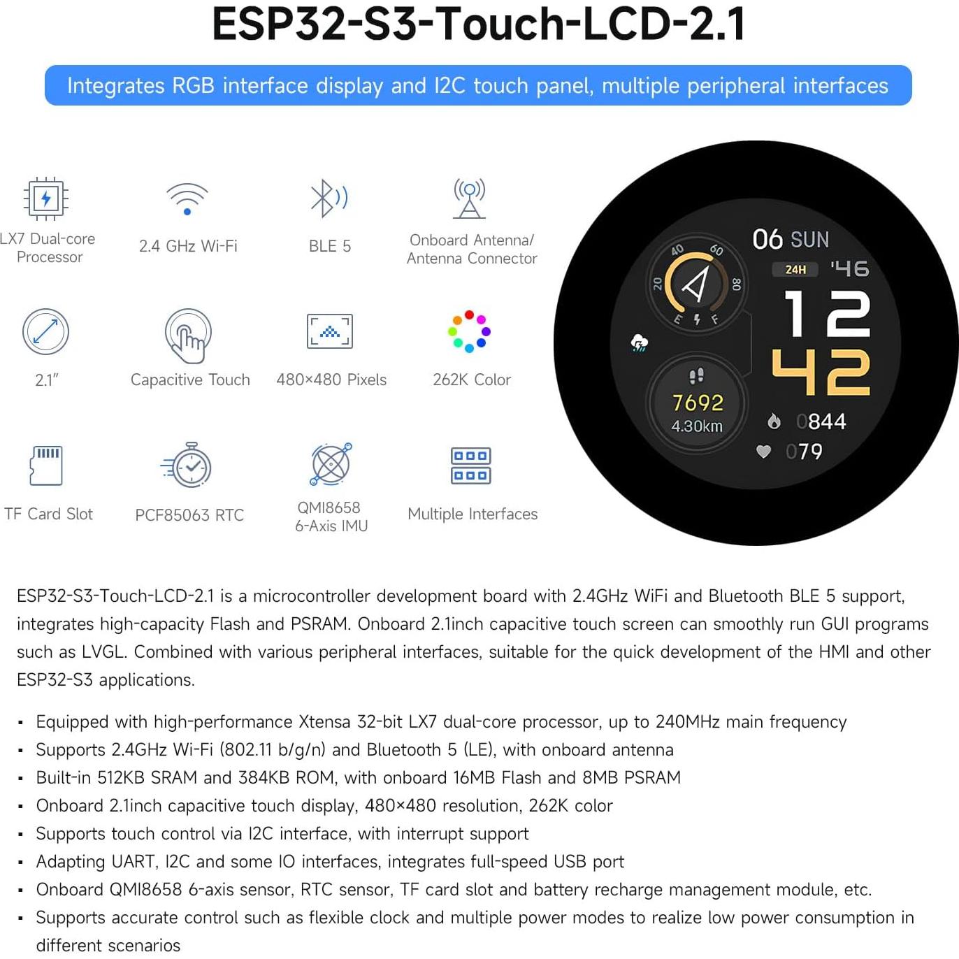 Pantalla Táctil Redonda Waveshare ESP32-S3 2.1" 480x480 Wi-Fi BLE