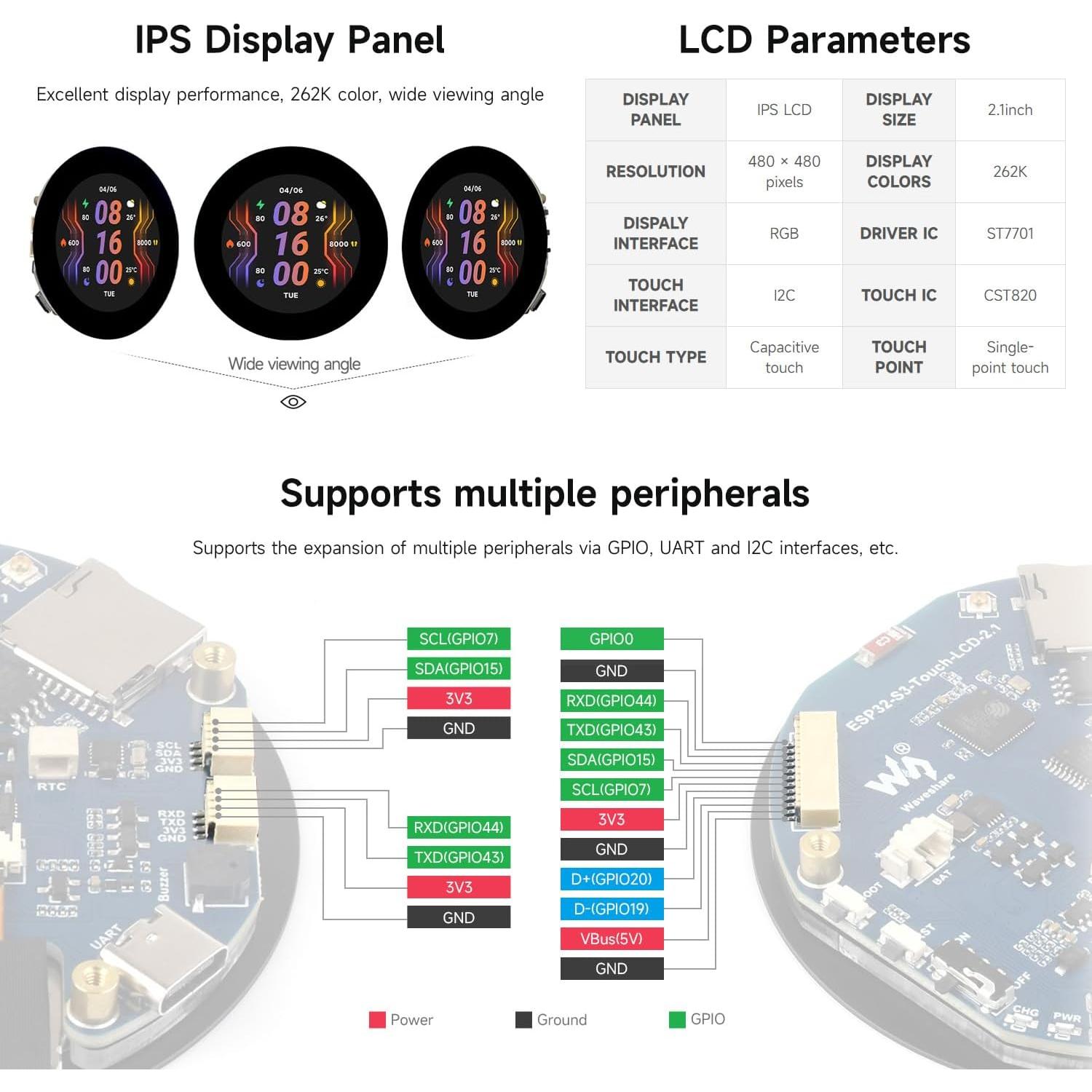 Pantalla Táctil Redonda Waveshare ESP32-S3 2.1" 480x480 Wi-Fi BLE