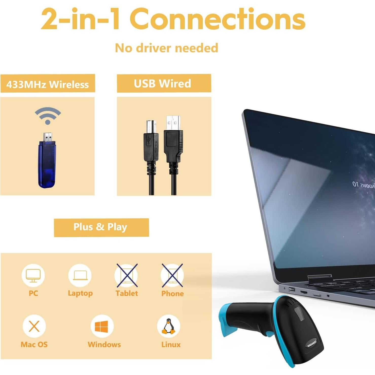 Escáner de Código de Barras Inalámbrico NADAMOO 1D y Bur3003