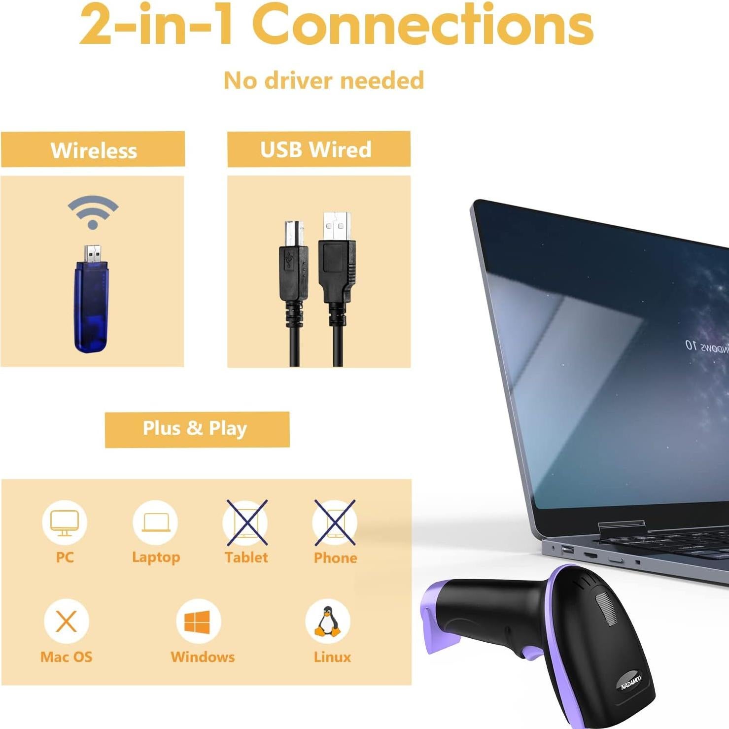 Escáner de Código de Barras Inalámbrico NADAMOO 1D con Base