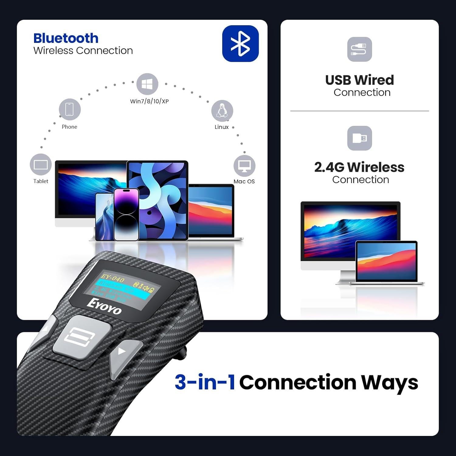 Escáner de Código de Barras 2D USB Eyoyo EY-H2, Lector QR Automático