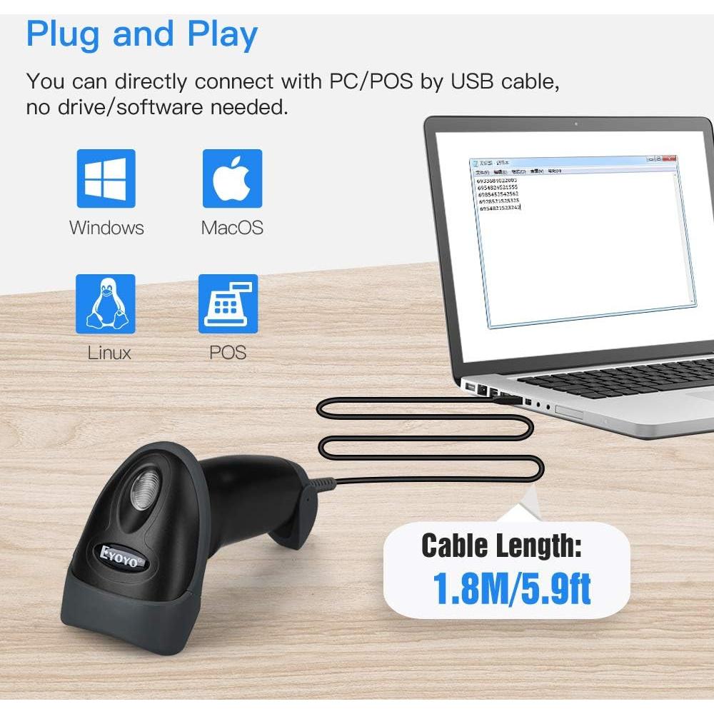 Escáner de Código de Barras 2D USB Eyoyo EY-H2, Lector QR Automático