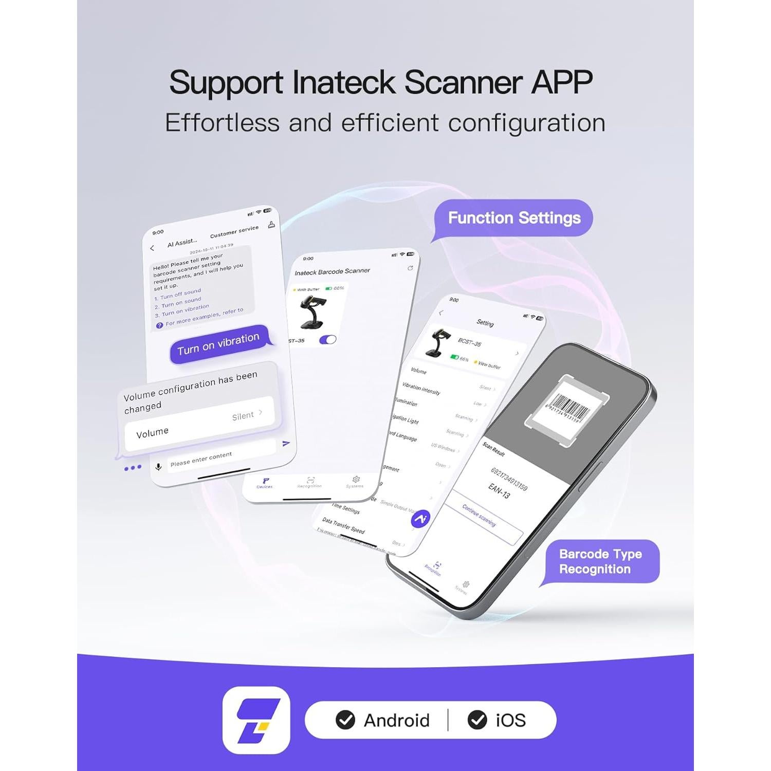 Escáner de Códigos de Barras 2D Inateck BCST-35 Inalámbrico