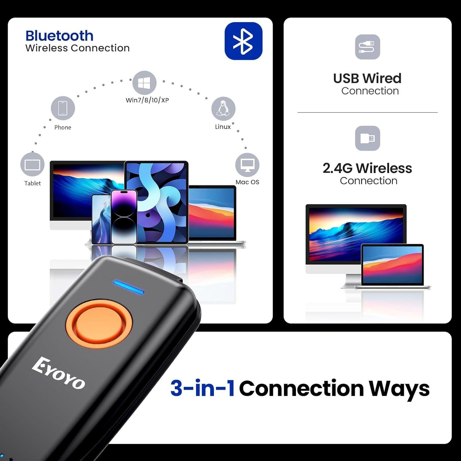 Escáner de Código de Barras Bluetooth Eyoyo EY-023L 1D Portátil