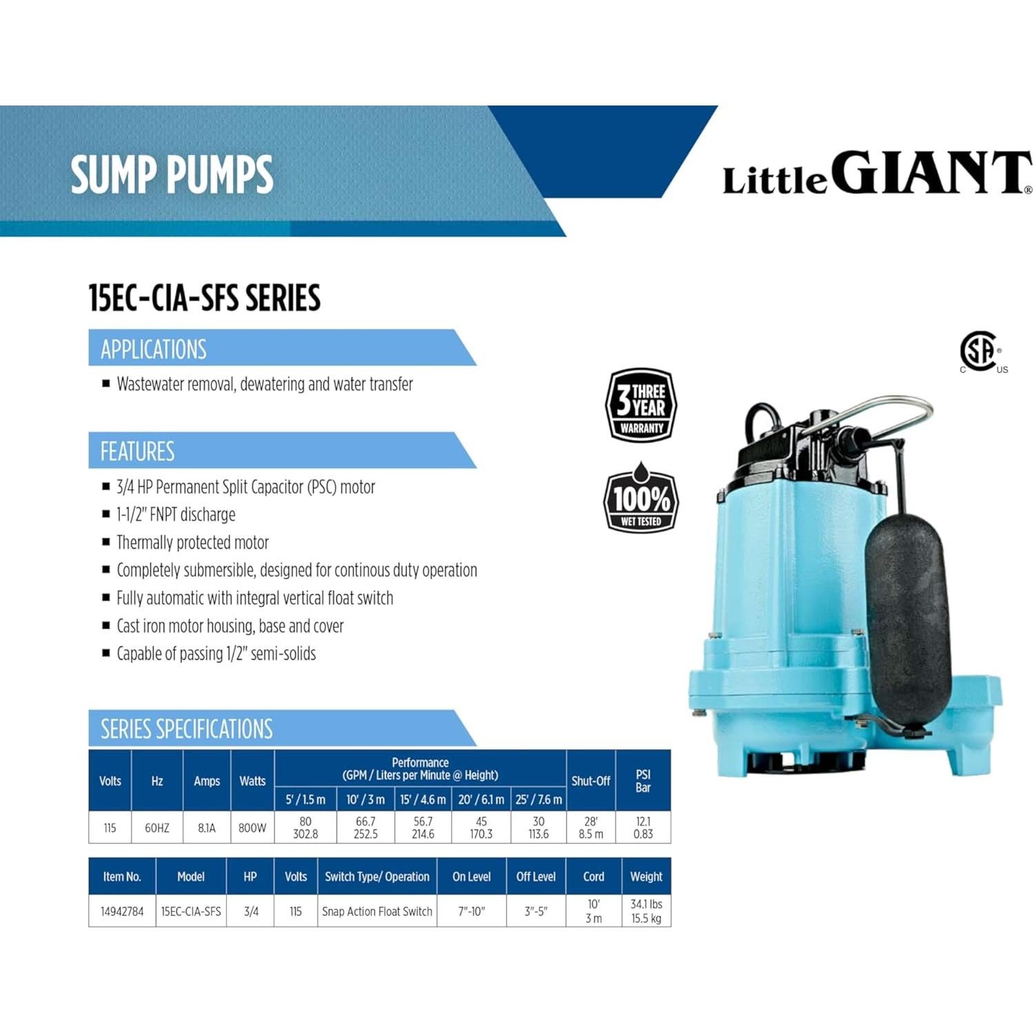 Bomba de Efluentes Little Giant 15EC-CIA-SFS 3/4 HP 115V