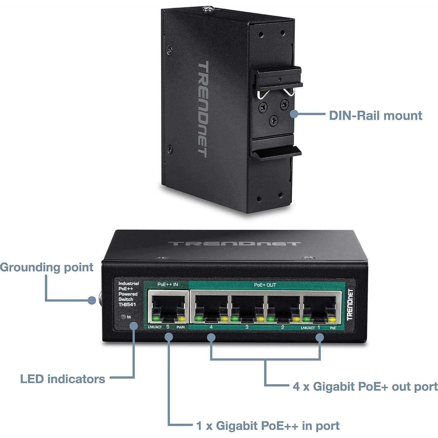 Interruptor DIN-Rail Industrial Gigabit PoE++ TRENDnet TI-B541 5 Puertos