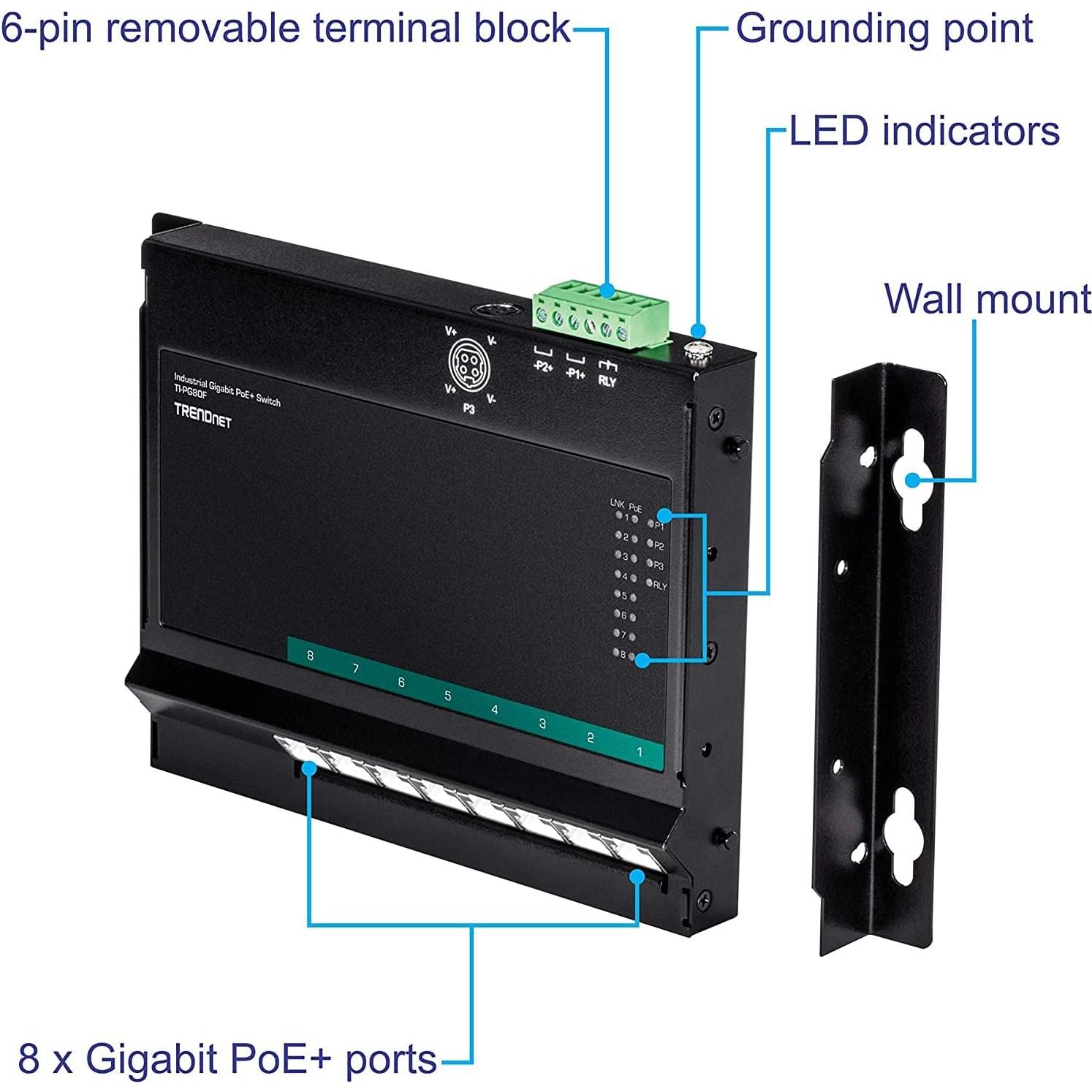 Interruptor Industrial Gigabit PoE+ TRENDnet TI-PG80F 8 Puertos