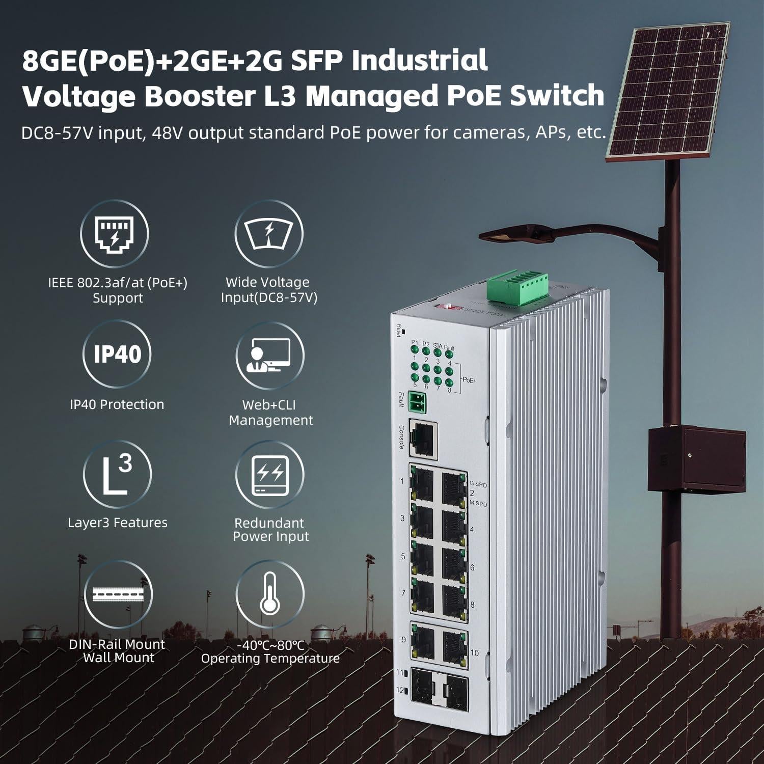 Switch PoE Industrial Binardat 12 Puertos Gigabit L3 IP40