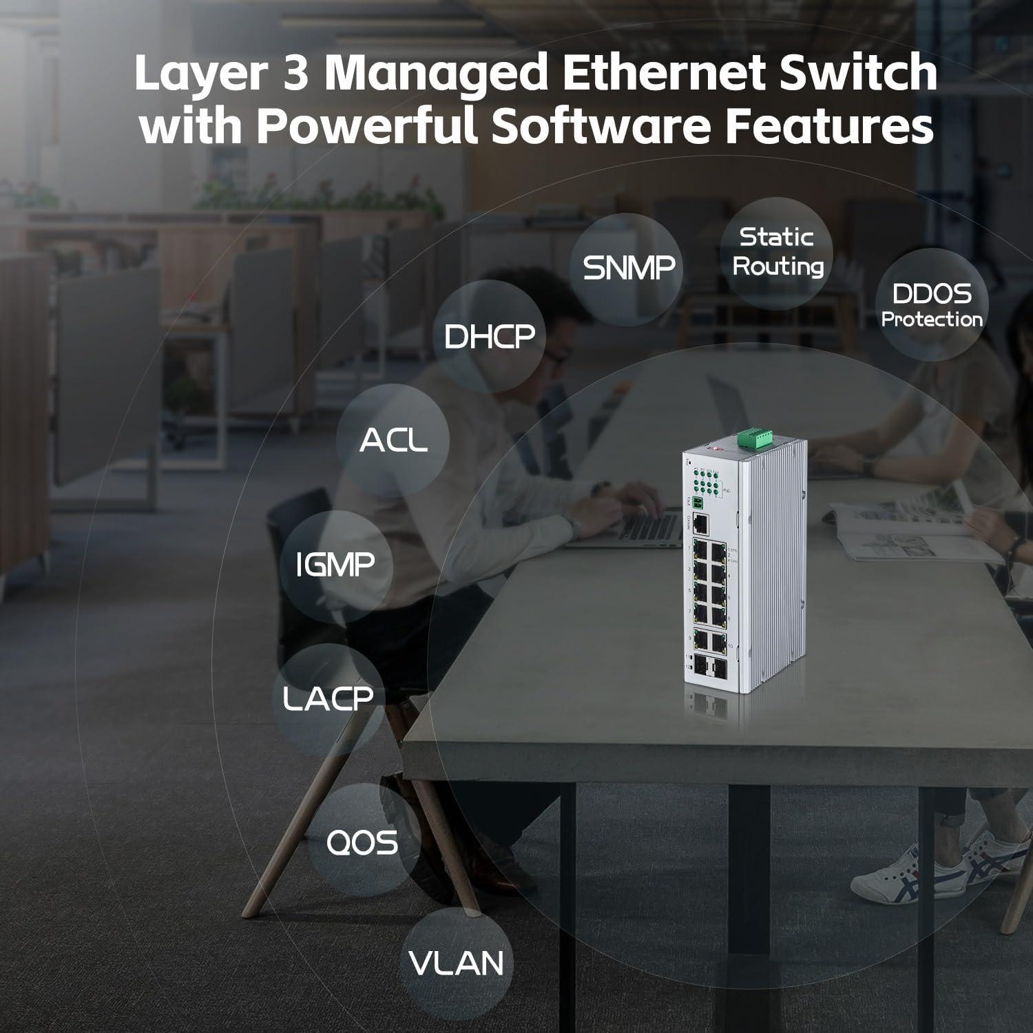 Switch PoE Industrial Binardat 12 Puertos Gigabit L3 IP40