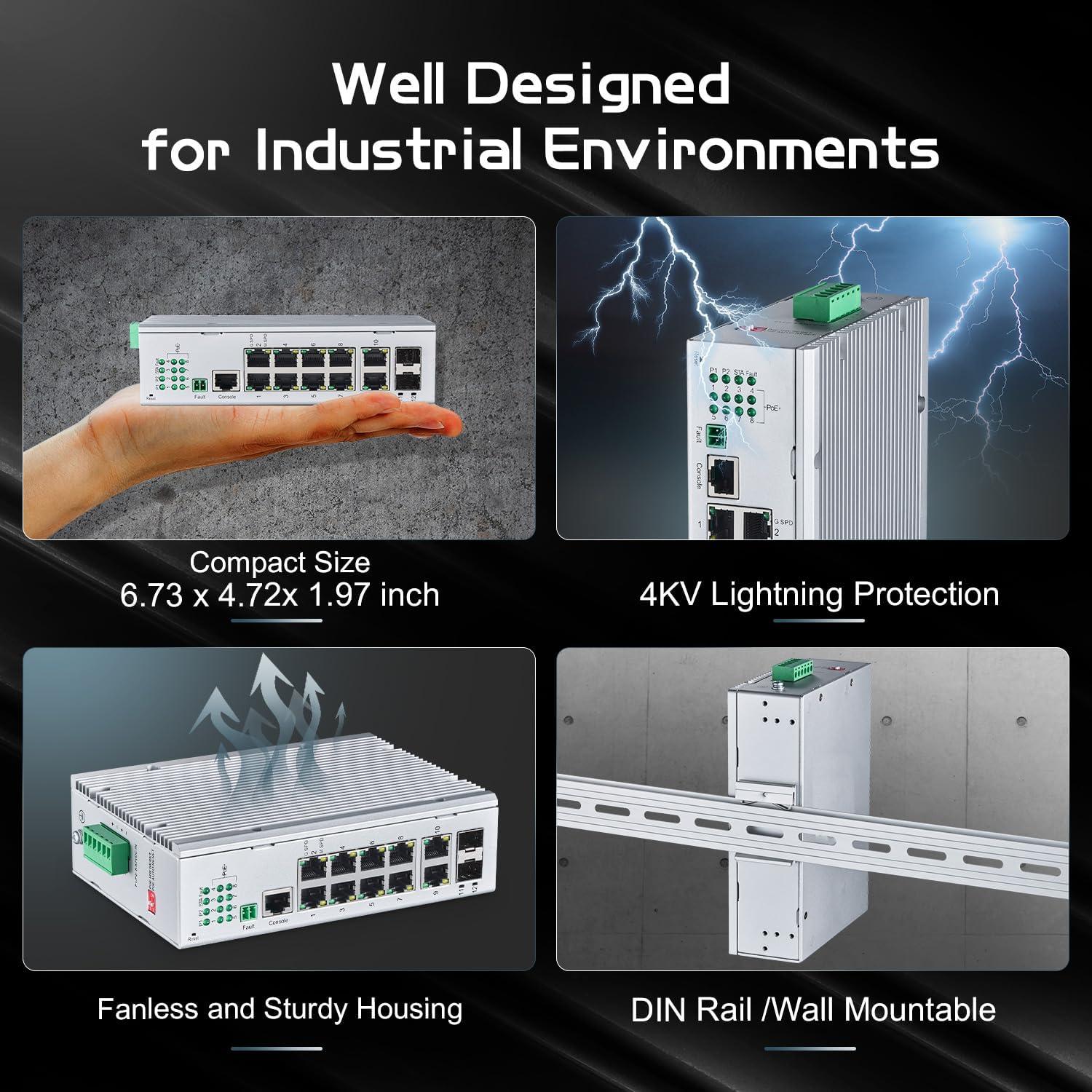 Switch PoE Industrial Binardat 12 Puertos Gigabit L3 IP40