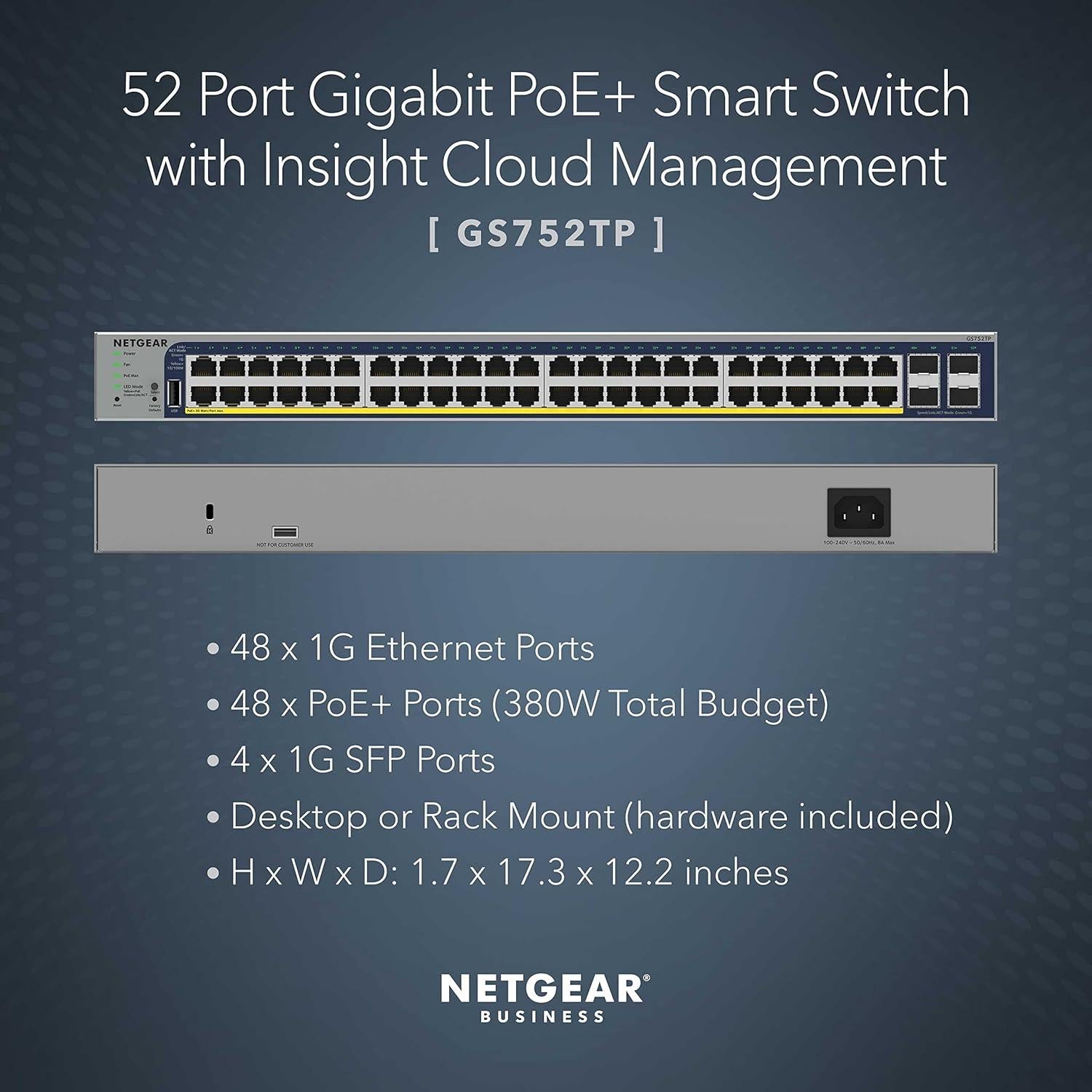 Interruptor Inteligente NETGEAR GS752TP 48 Puertos PoE+ 380W