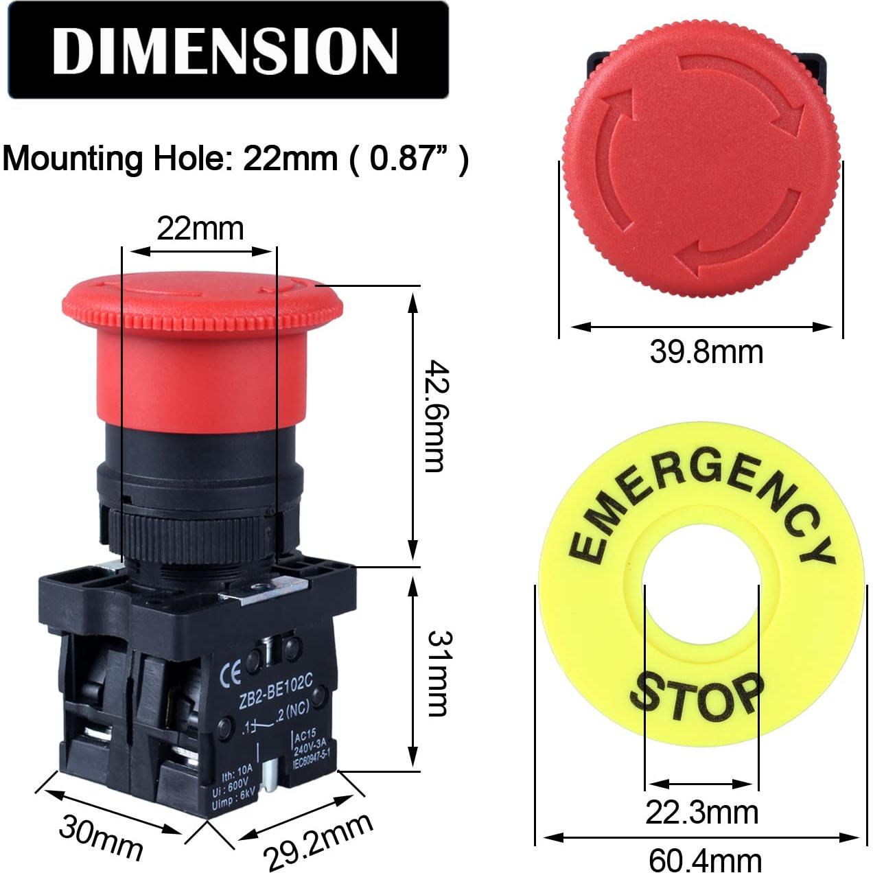 Interruptor de Botón de Parada de Emergencia DMWD HB2 2NC 22mm
