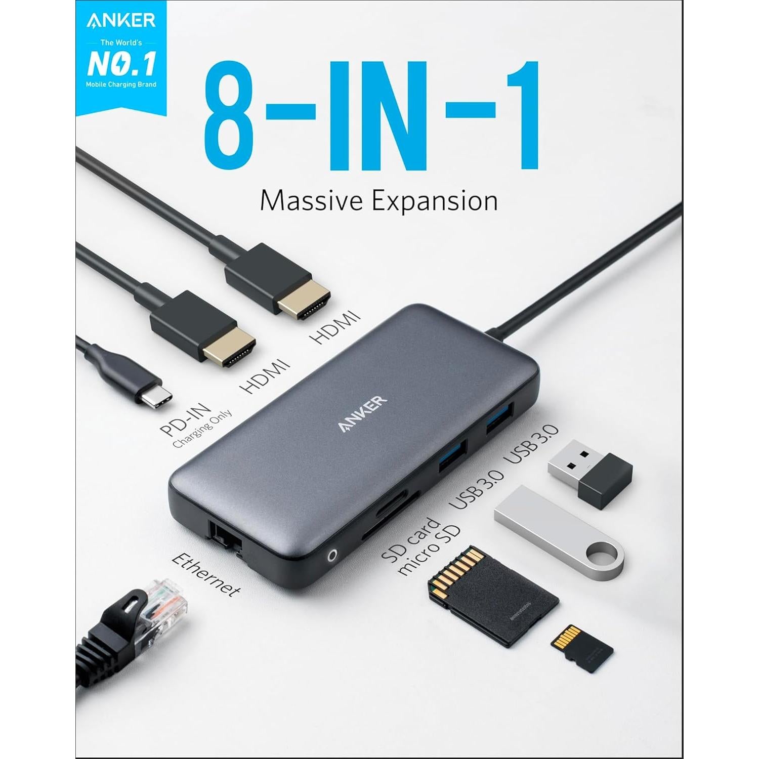 Hub USB-C Anker 8-en-1 Doble Monitor 4K y Ethernet