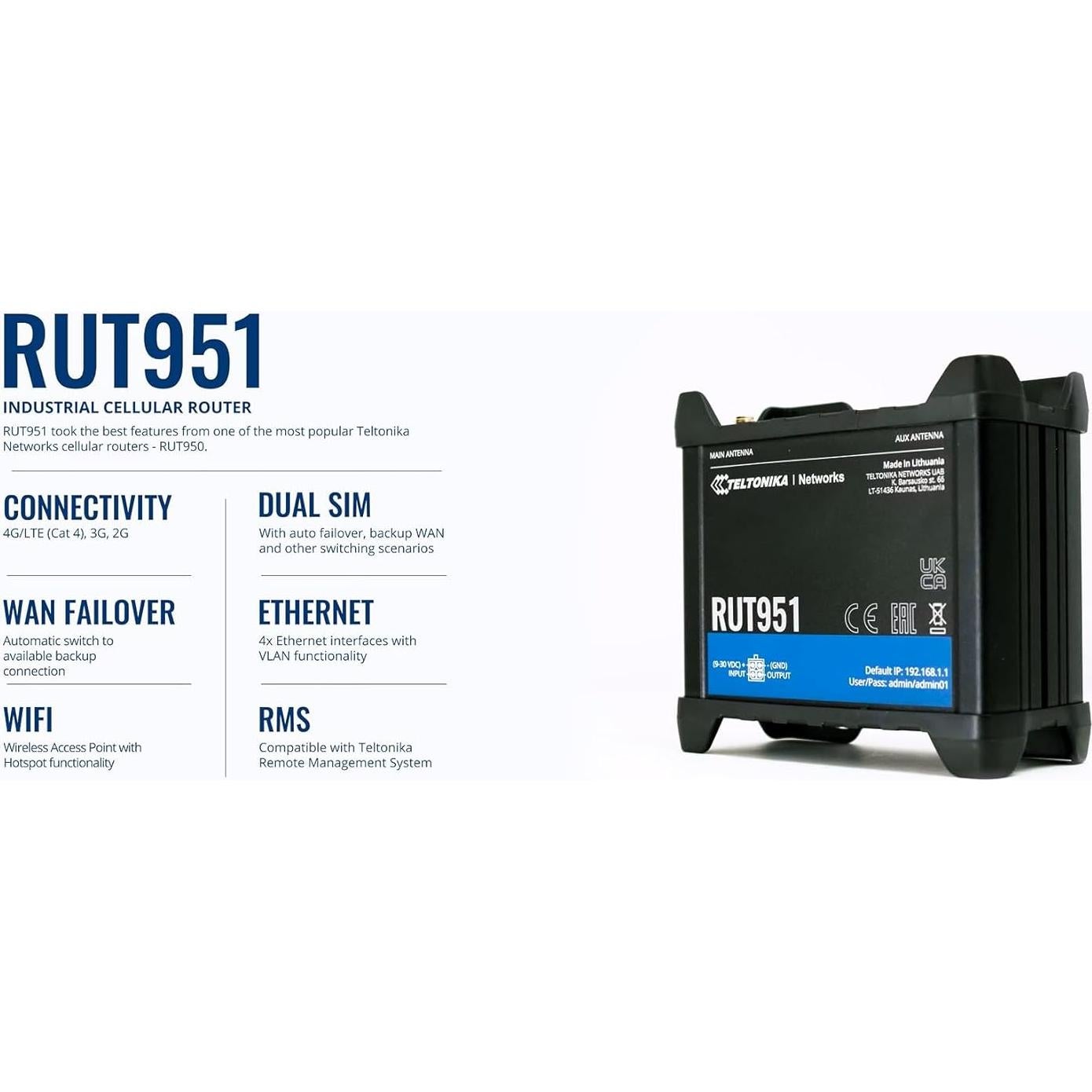 Router Industrial 4G LTE Teltonika RUT951 - Doble SIM, WiFi