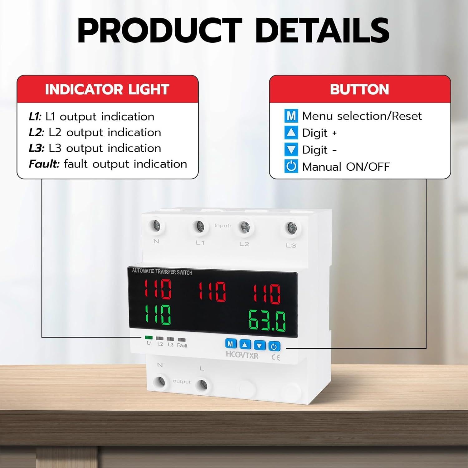 Interruptor de Transferencia Automático 63A HCOVTXR con Pantalla LED