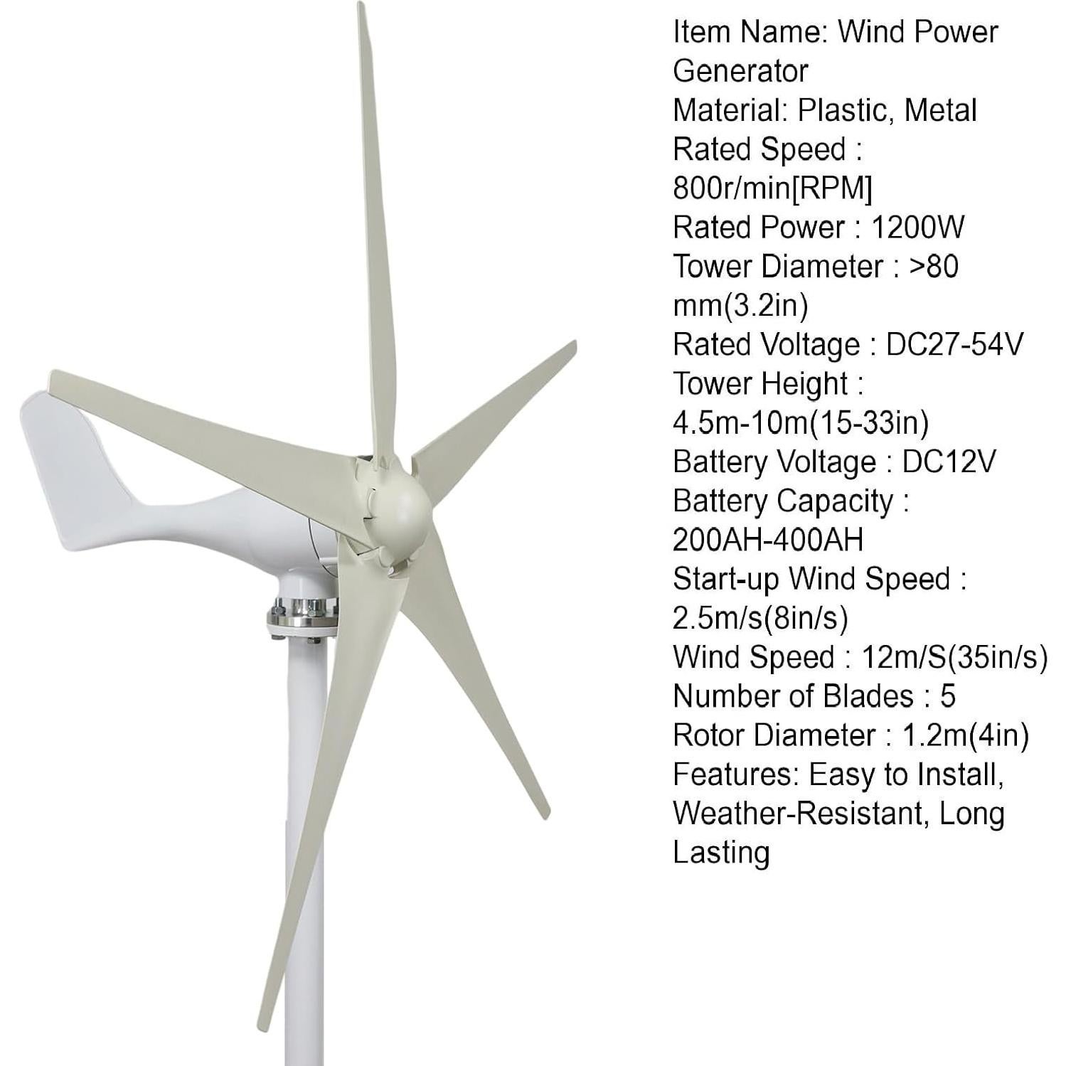 Generador Eólico Awjaisca 1200W 5 Palas Bajo Ruido 2.5m/s