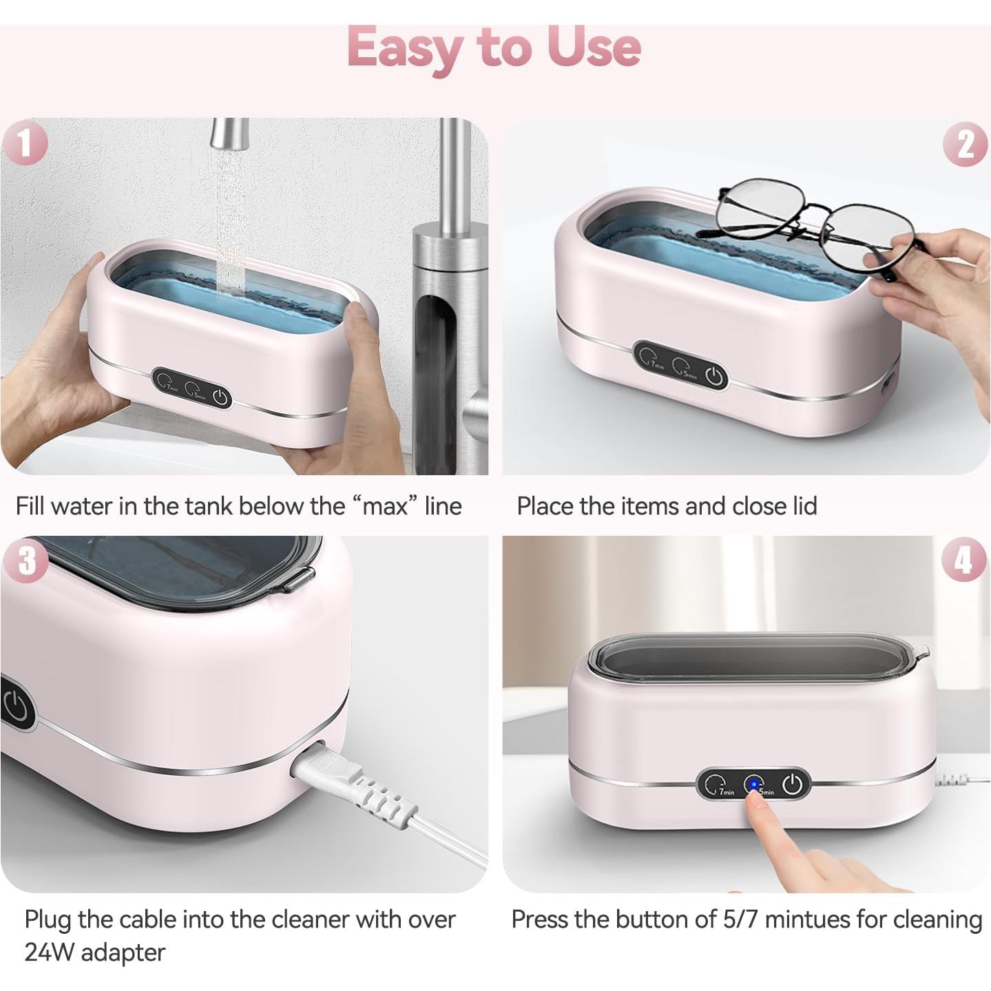 Limpiador Ultrasónico de Joyas BYASKZIV Rosa Claro 48kHz