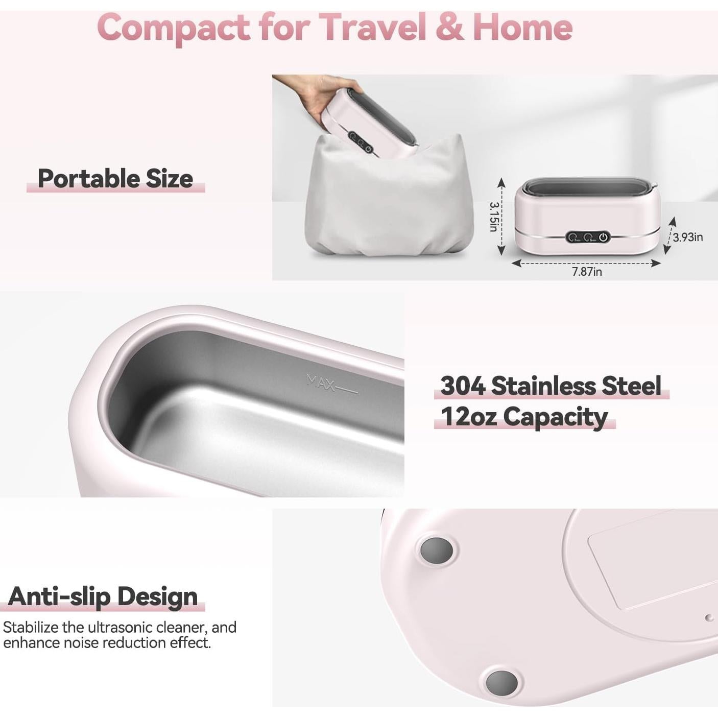 Limpiador Ultrasónico de Joyas BYASKZIV Rosa Claro 48kHz