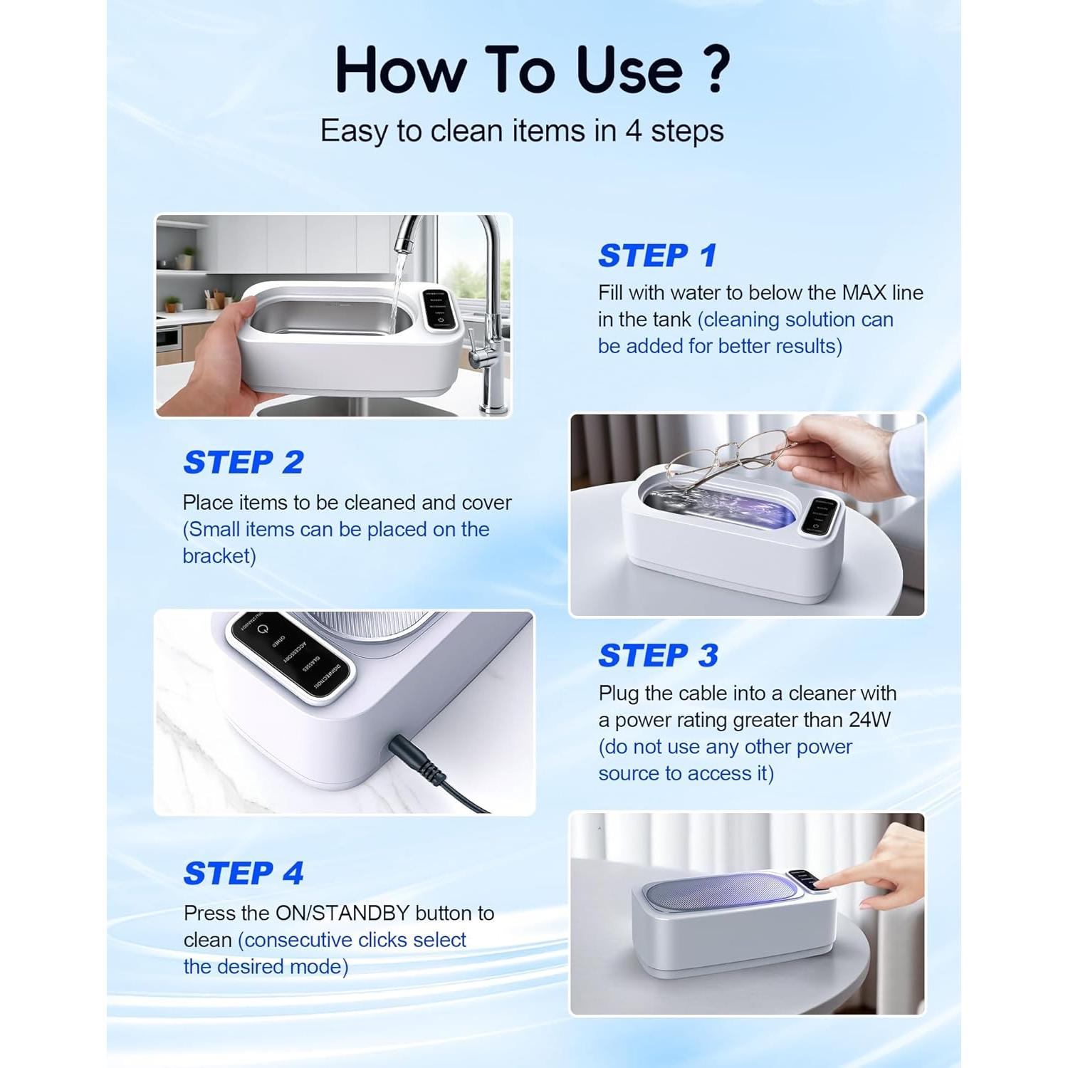 Limpiadora Ultrasónica de Joyas OCDZDC 400ml 48KHz 4 Modos