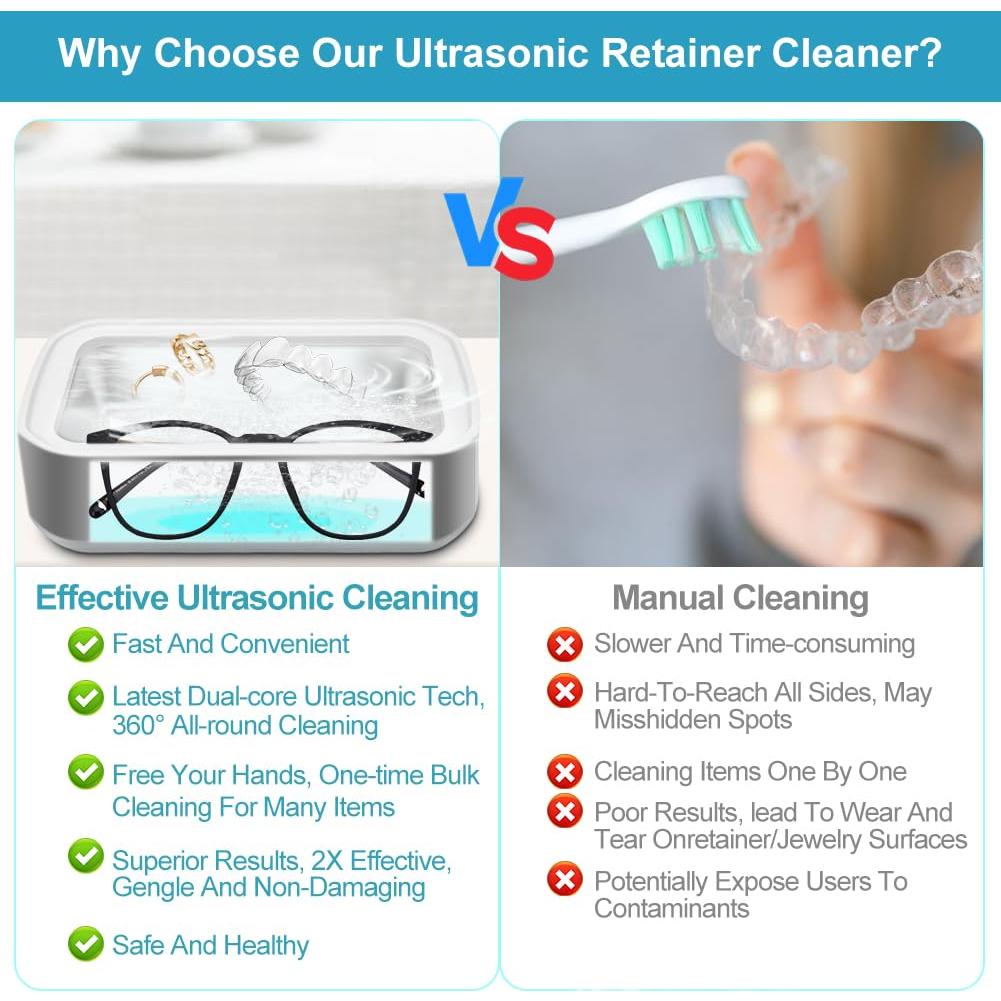Ultrasonic Retainer Cleaner for Tooth，50KHz Jewelry Cleaner Deep Cleaning Machine -650ML Dental Cleaning Pod for Dentures/Mouth Guards/Eyeglasses-3 Timers -Stainless Steel, Reliable Use