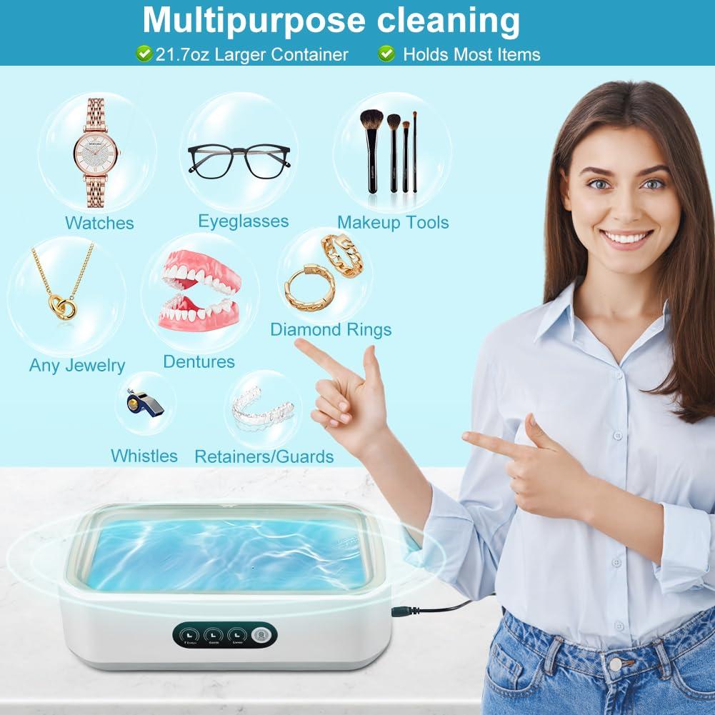 Ultrasonic Retainer Cleaner for Tooth，50KHz Jewelry Cleaner Deep Cleaning Machine -650ML Dental Cleaning Pod for Dentures/Mouth Guards/Eyeglasses-3 Timers -Stainless Steel, Reliable Use