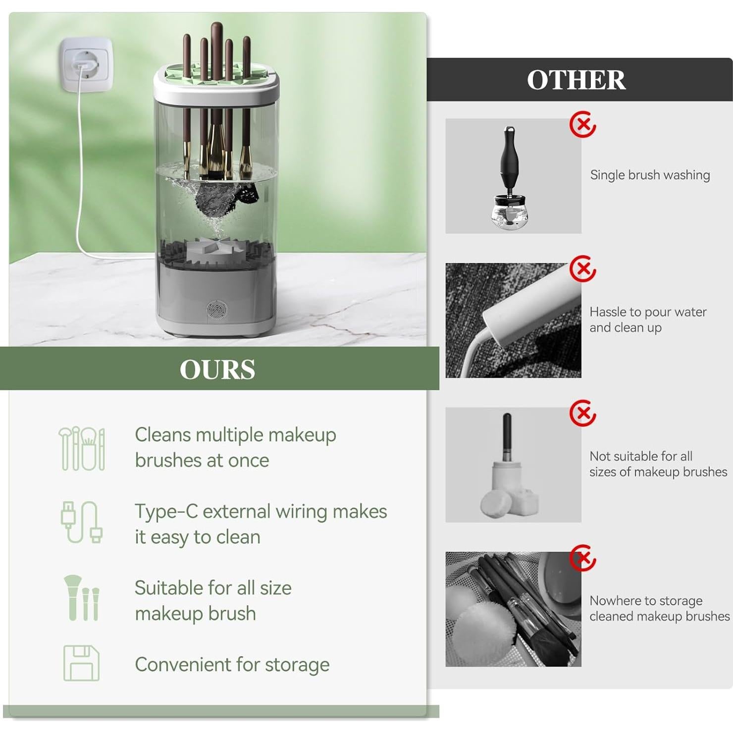 Limpiadora de Brochas de Maquillaje Eléctrica Vseomay Gris - Limpieza Automática Profunda