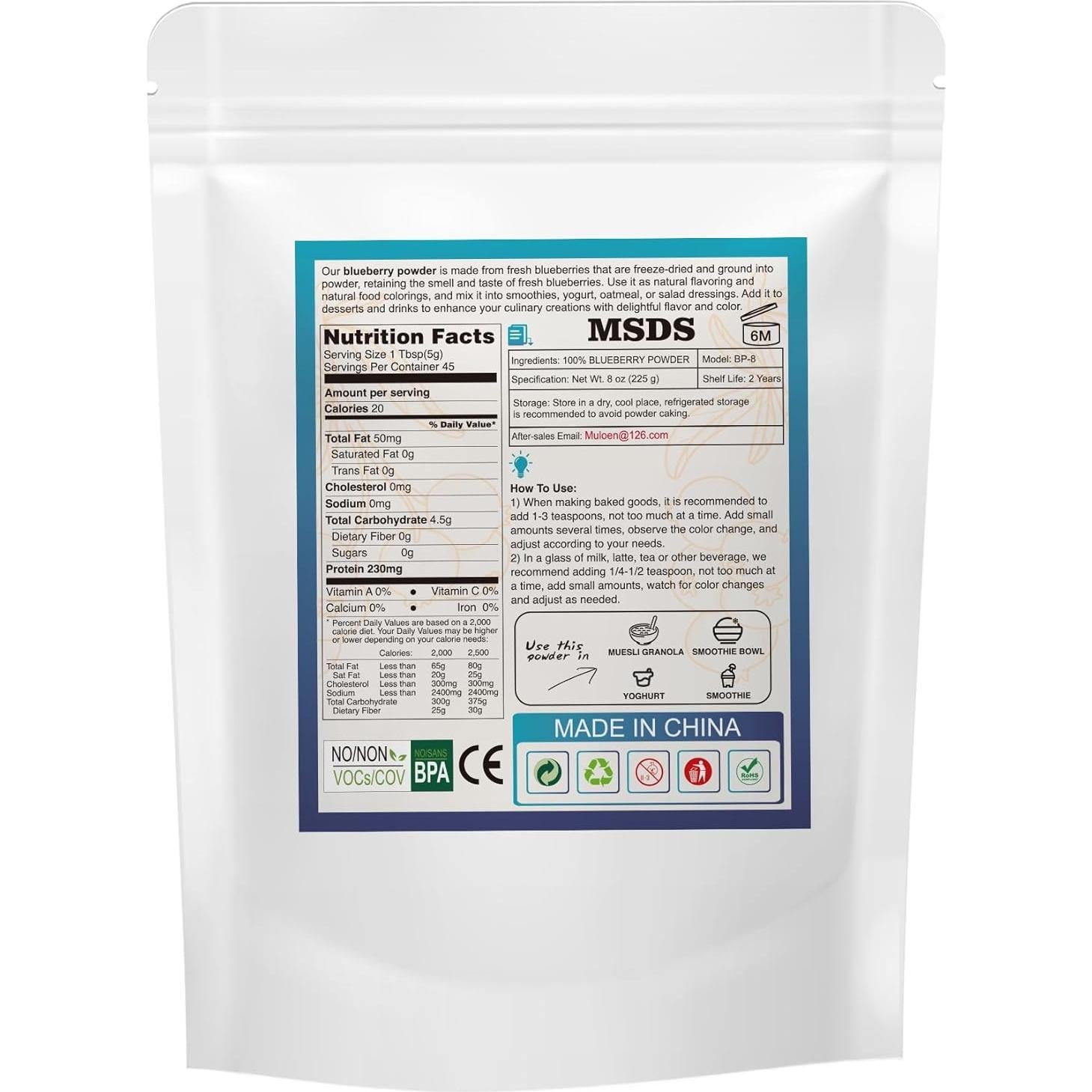 Polvo de Arándano Liofilizado Muloen 226g Sin Azúcar Añadido