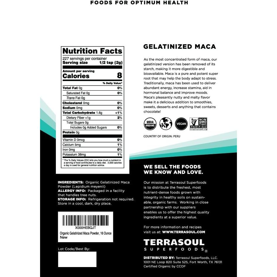 Polvo de Maca Gelatinizado Orgánico Terrasoul 907 g - Energía