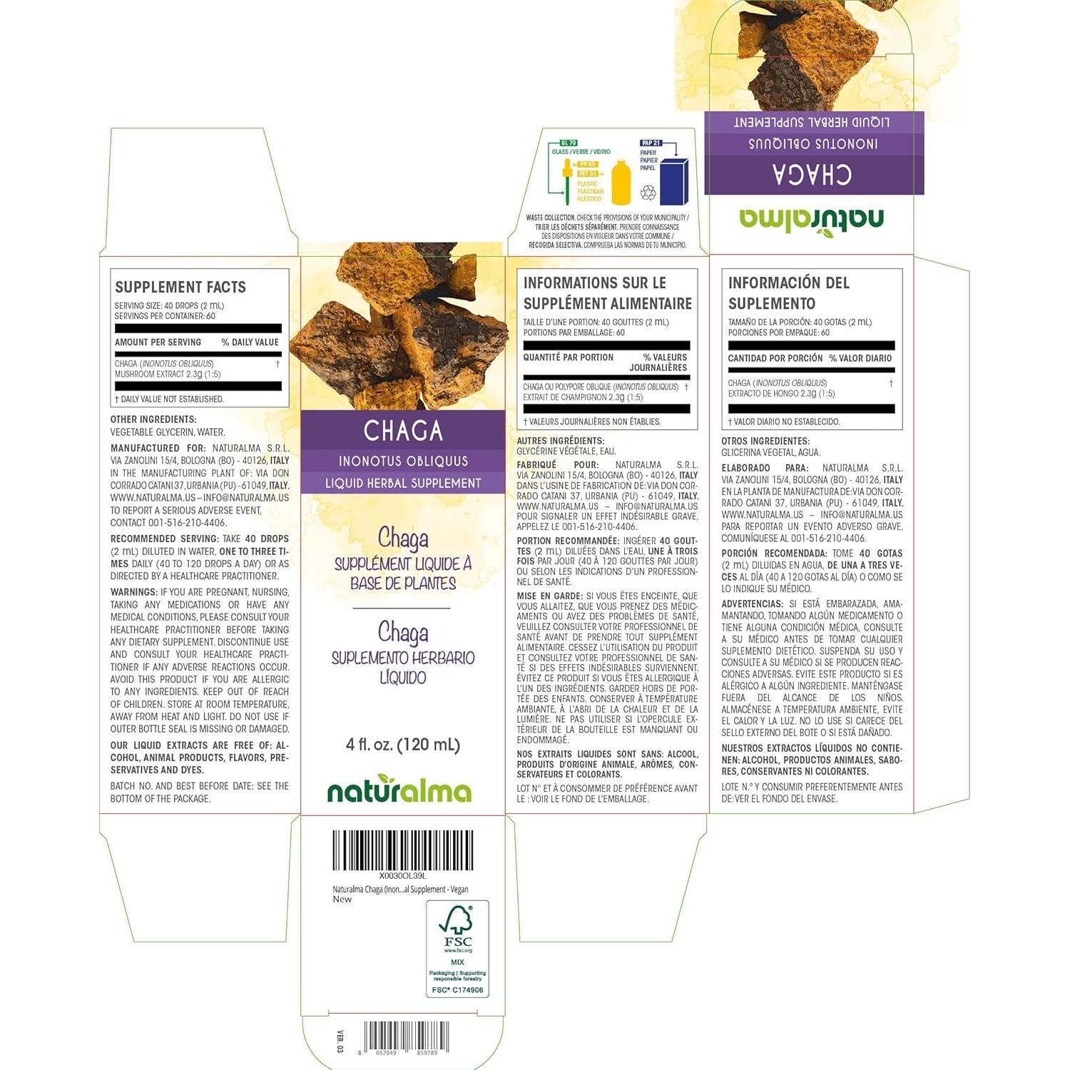 Tintura de Hongo Chaga Naturalma 118 ml - Suplemento Vegano