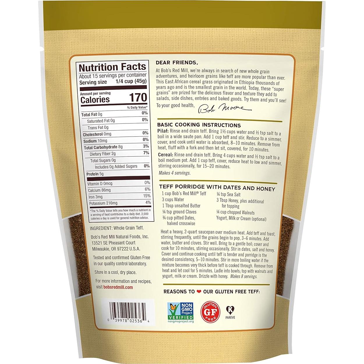 Harina de Teff Integral Bob's Red Mill 680g - Vegano, Kosher