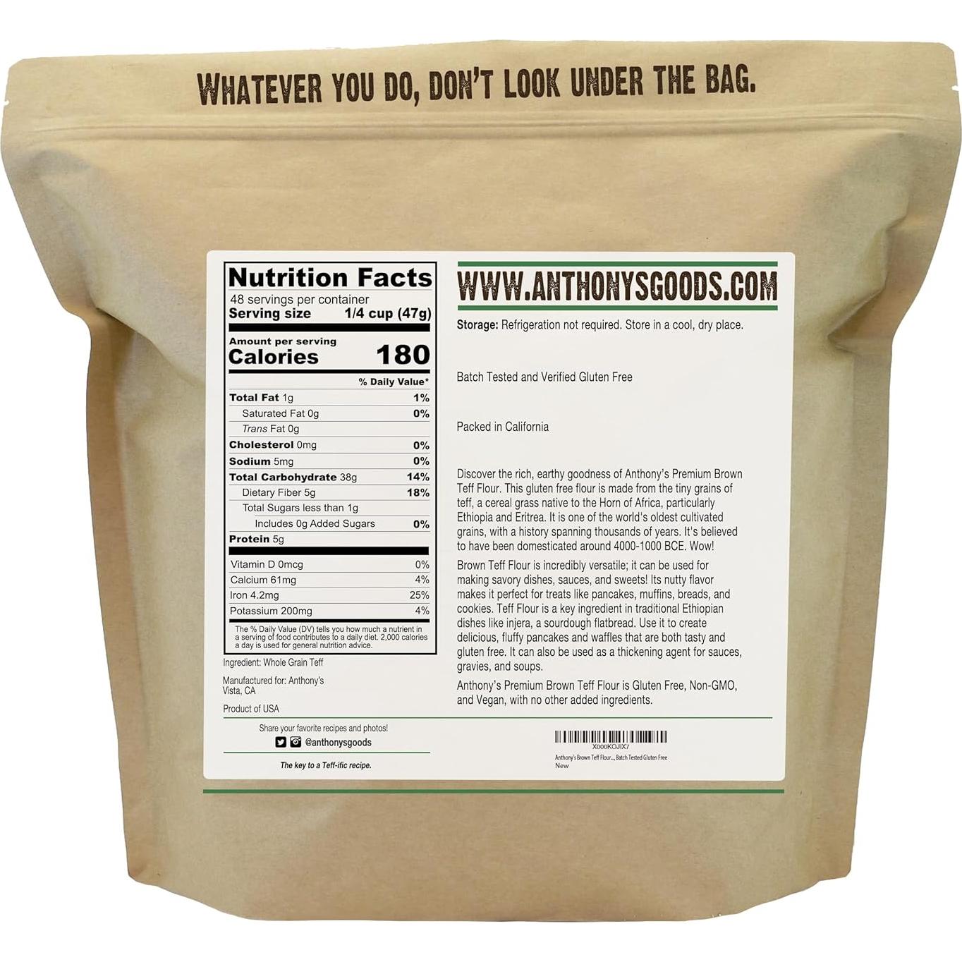 Harina de Teff Marrón Anthony's 2.27 kg Sin Gluten Vegana