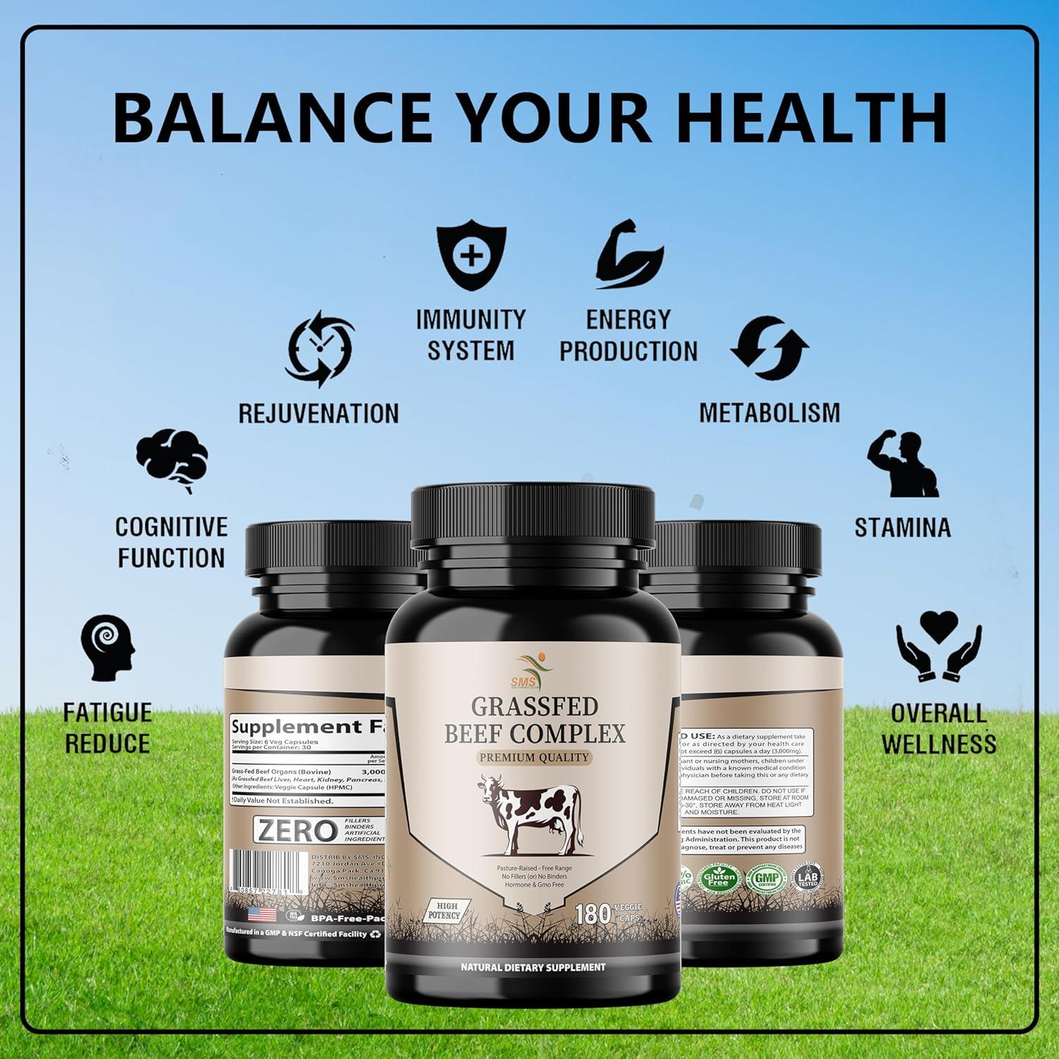 Suplemento de Órganos de Res SMS - 3000mg Hígado, Corazón, Riñón, Páncreas, Bazo - 180 Cápsulas