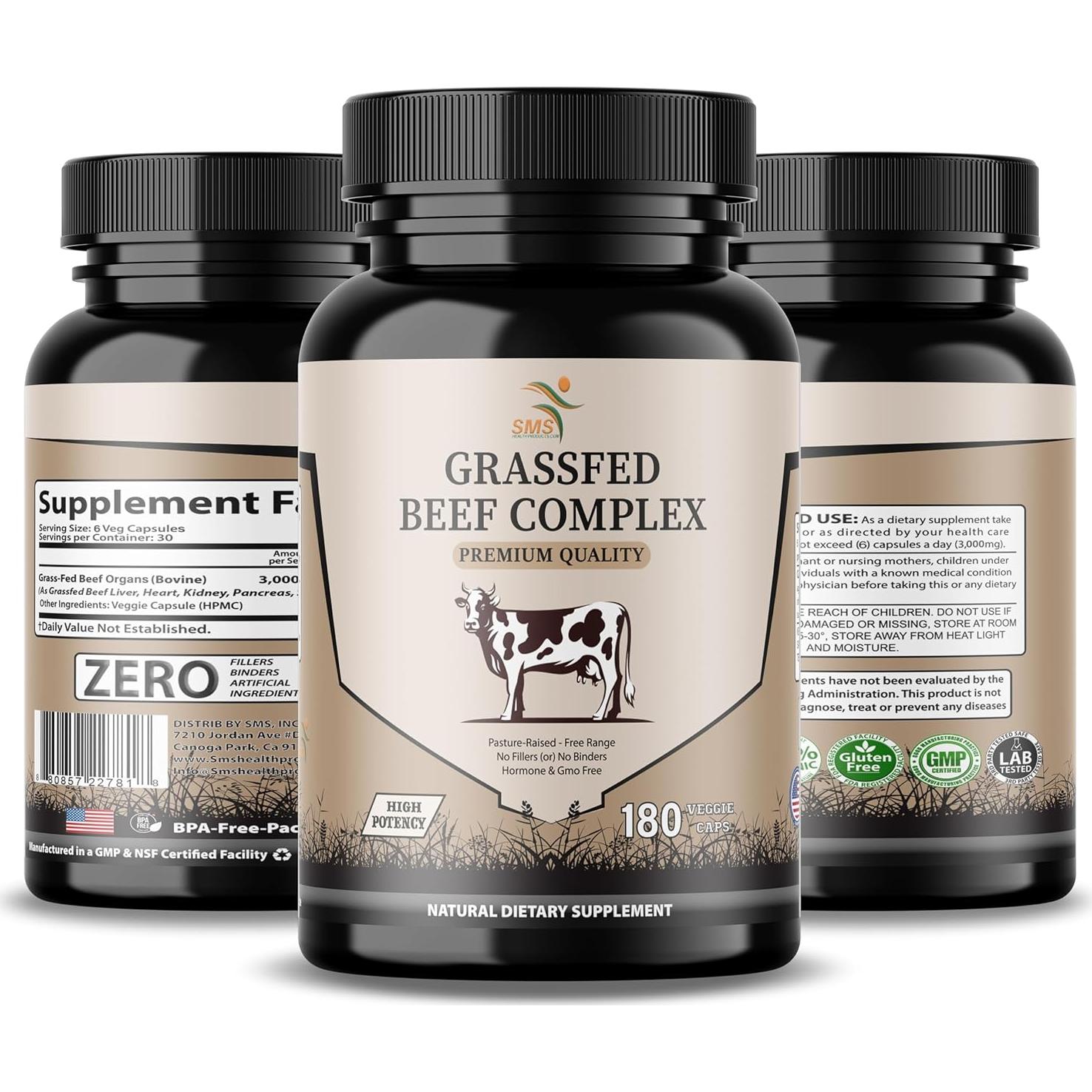 Suplemento de Órganos de Res SMS - 3000mg Hígado, Corazón, Riñón, Páncreas, Bazo - 180 Cápsulas