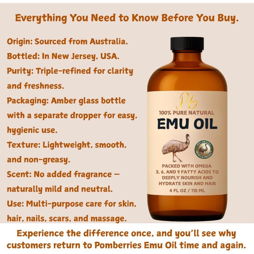 Aceite de Emú 100% Puro Pomberries 118 ml - Hidratante Natural