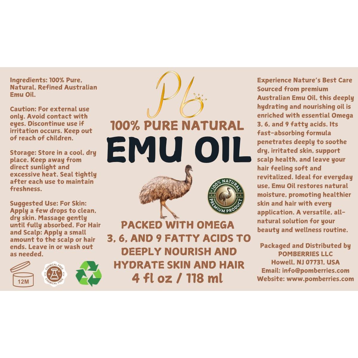 Aceite de Emú 100% Puro Pomberries 118 ml - Hidratante Natural