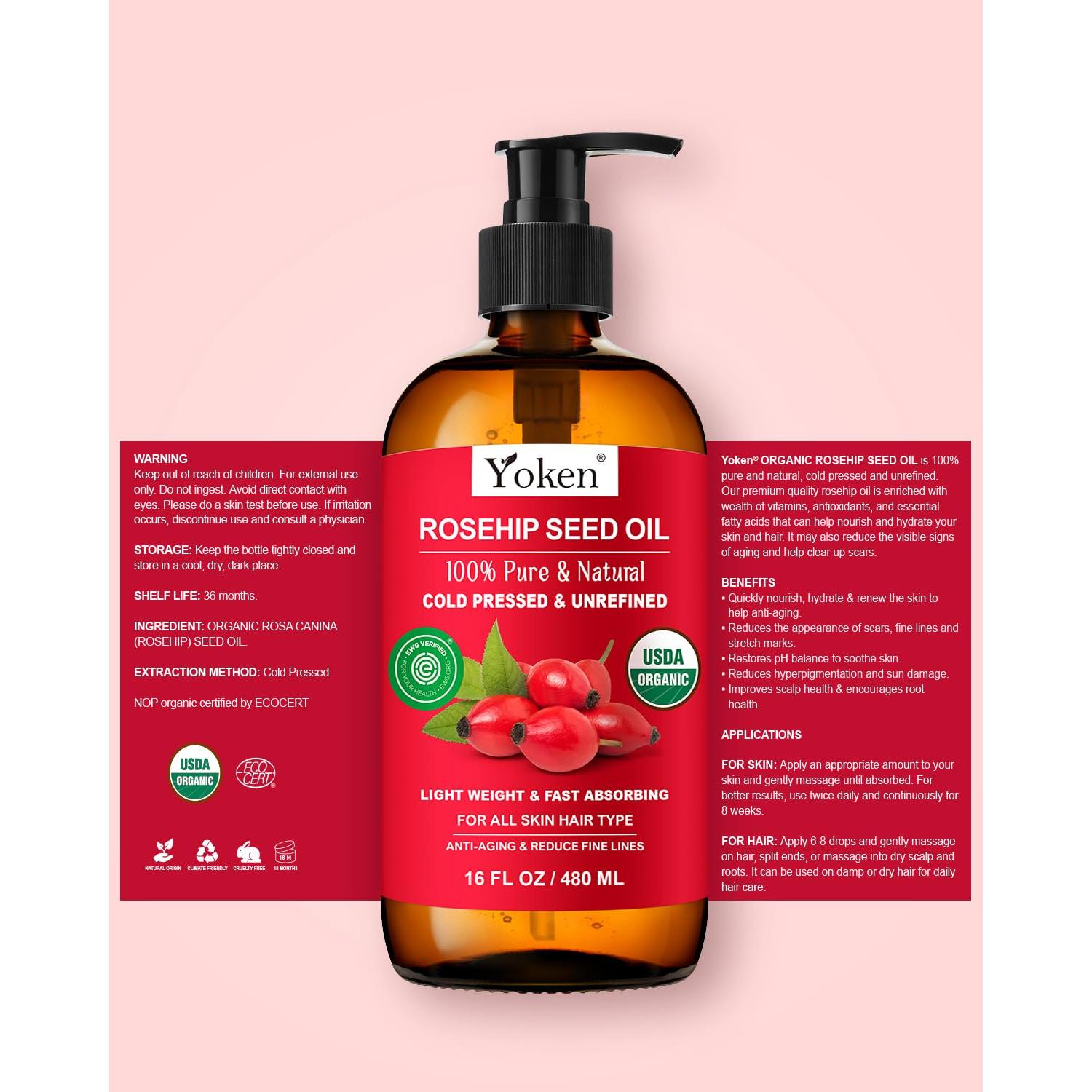 Aceite de Rosa Mosqueta Orgánico Yoken 473 ml Prensado en Frío