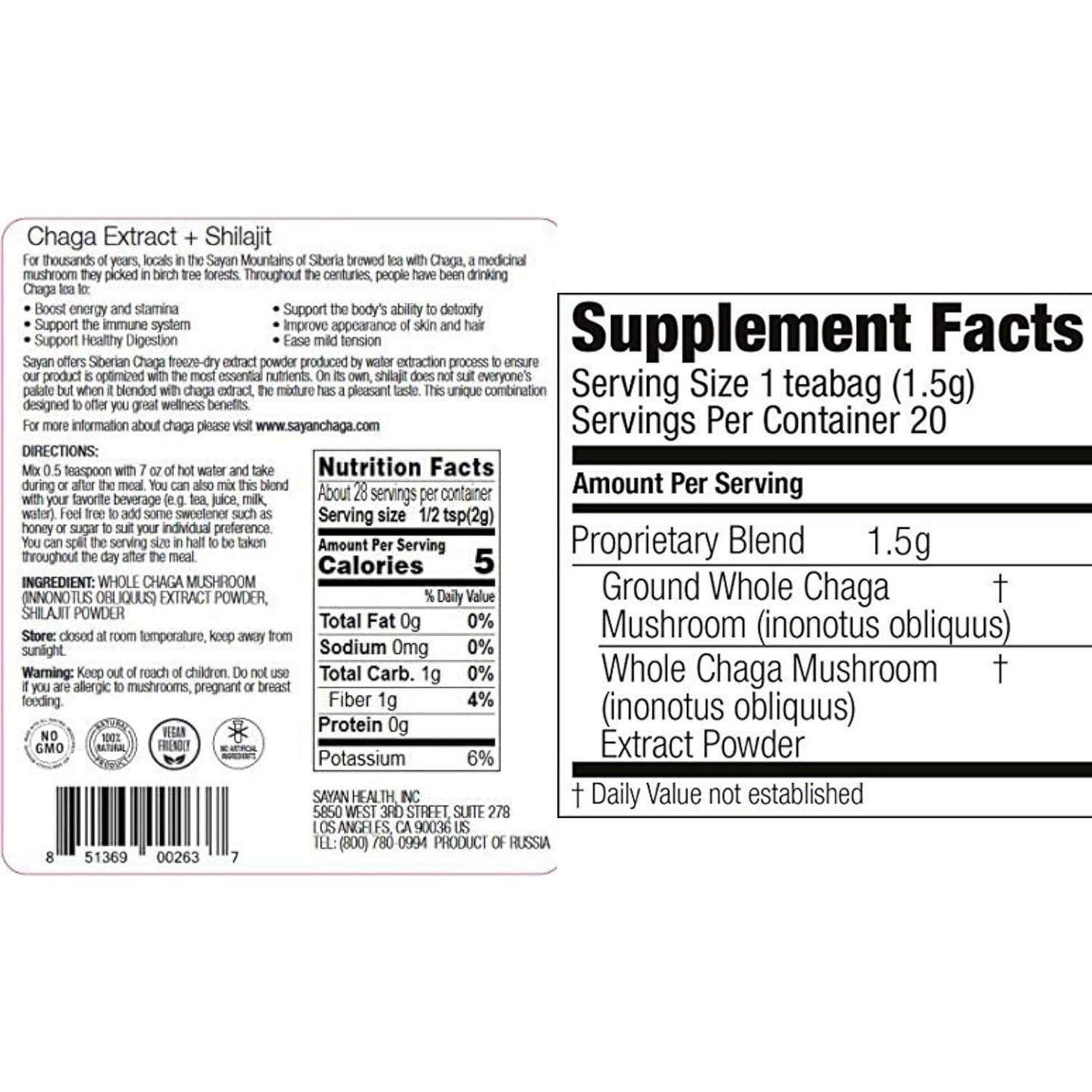 Té y Extracto de Chaga Sayan 2 Oz - Antioxidante Orgánico