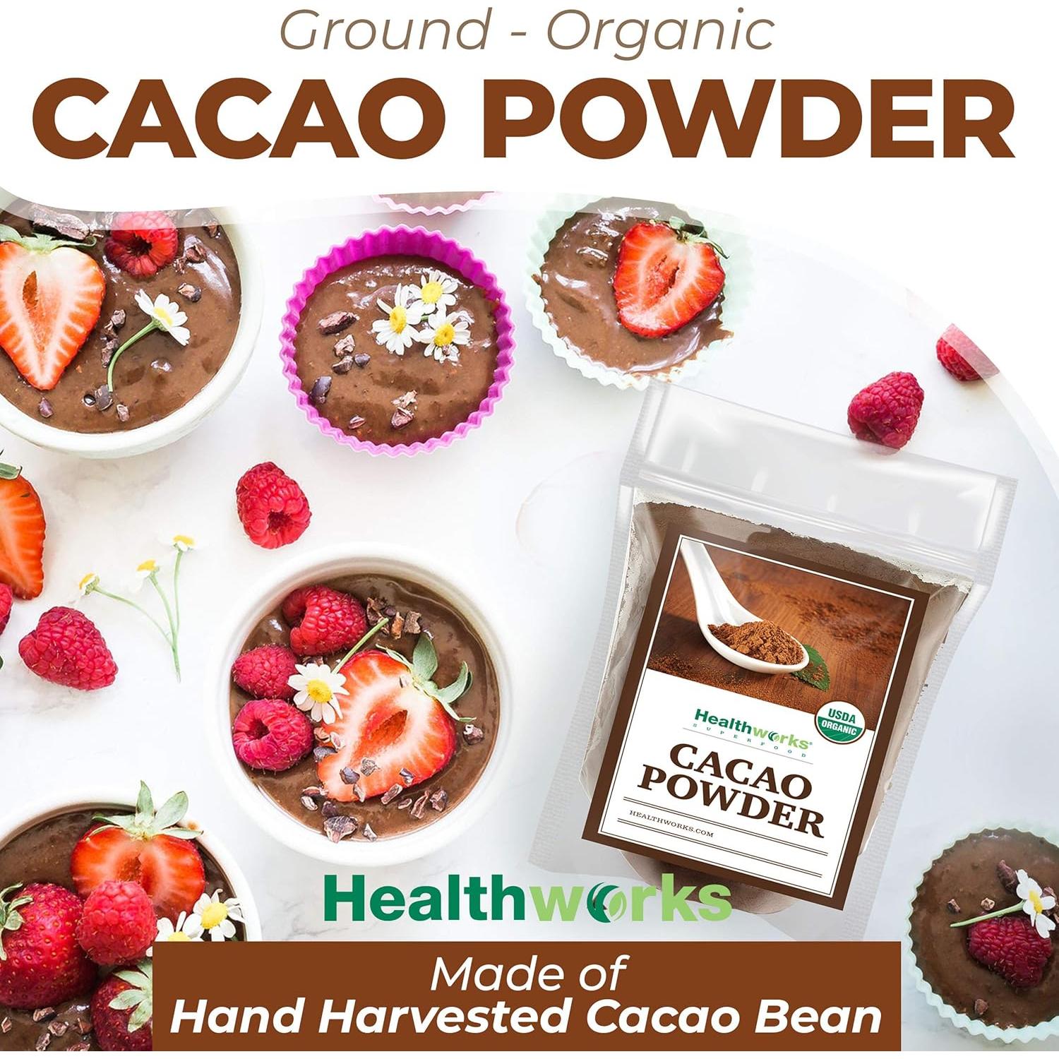 Polvo de Cacao Orgánico Healthworks 453.6 g - Sin Azúcar, Keto, Vegano
