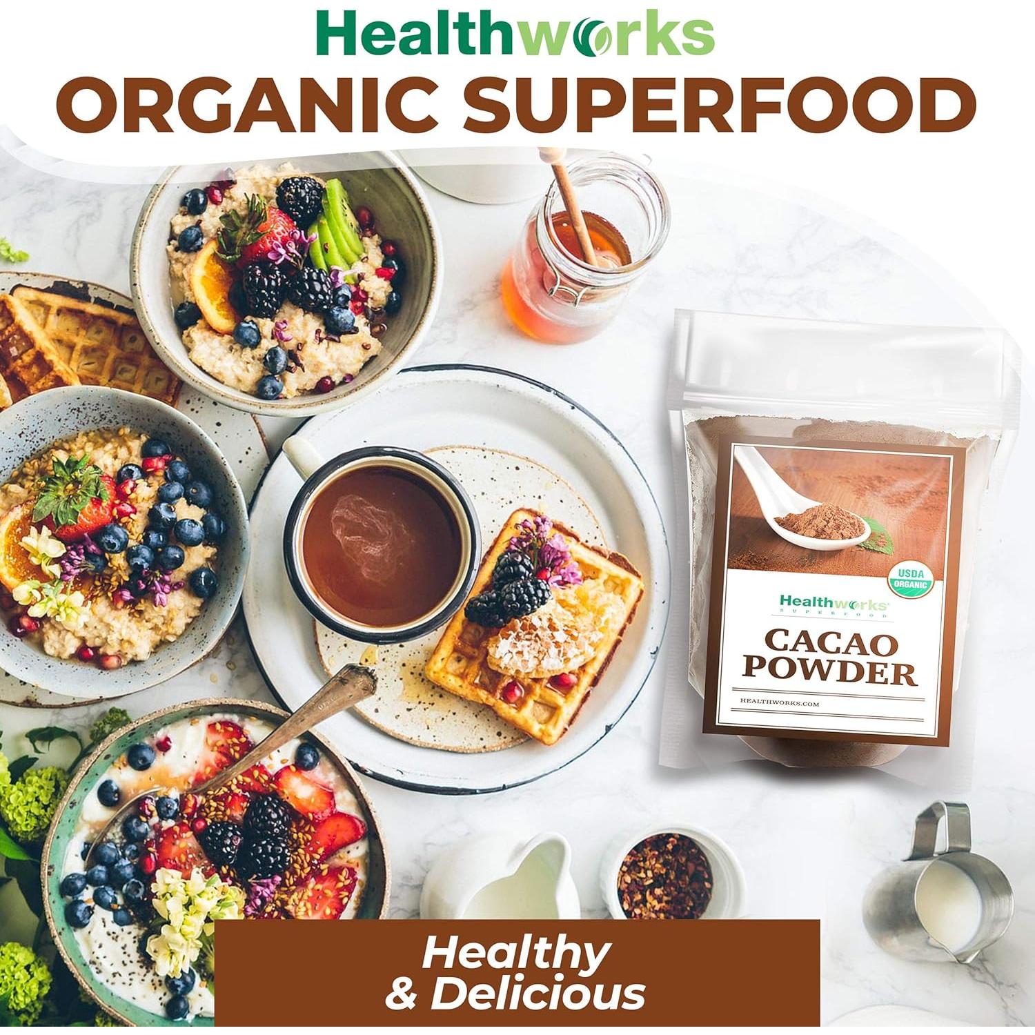 Polvo de Cacao Orgánico Healthworks 453.6 g - Sin Azúcar, Keto, Vegano