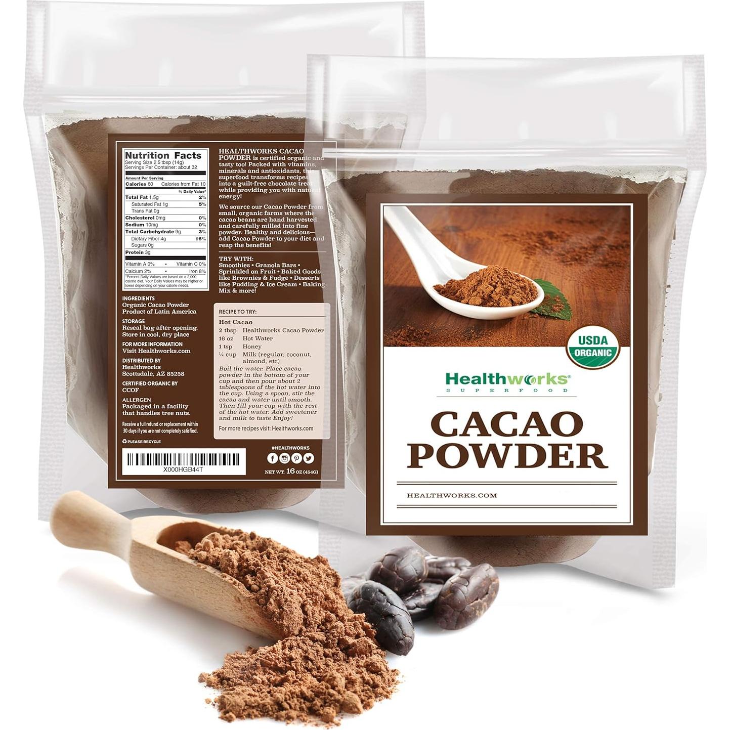 Polvo de Cacao Orgánico Healthworks 453.6 g - Sin Azúcar, Keto, Vegano