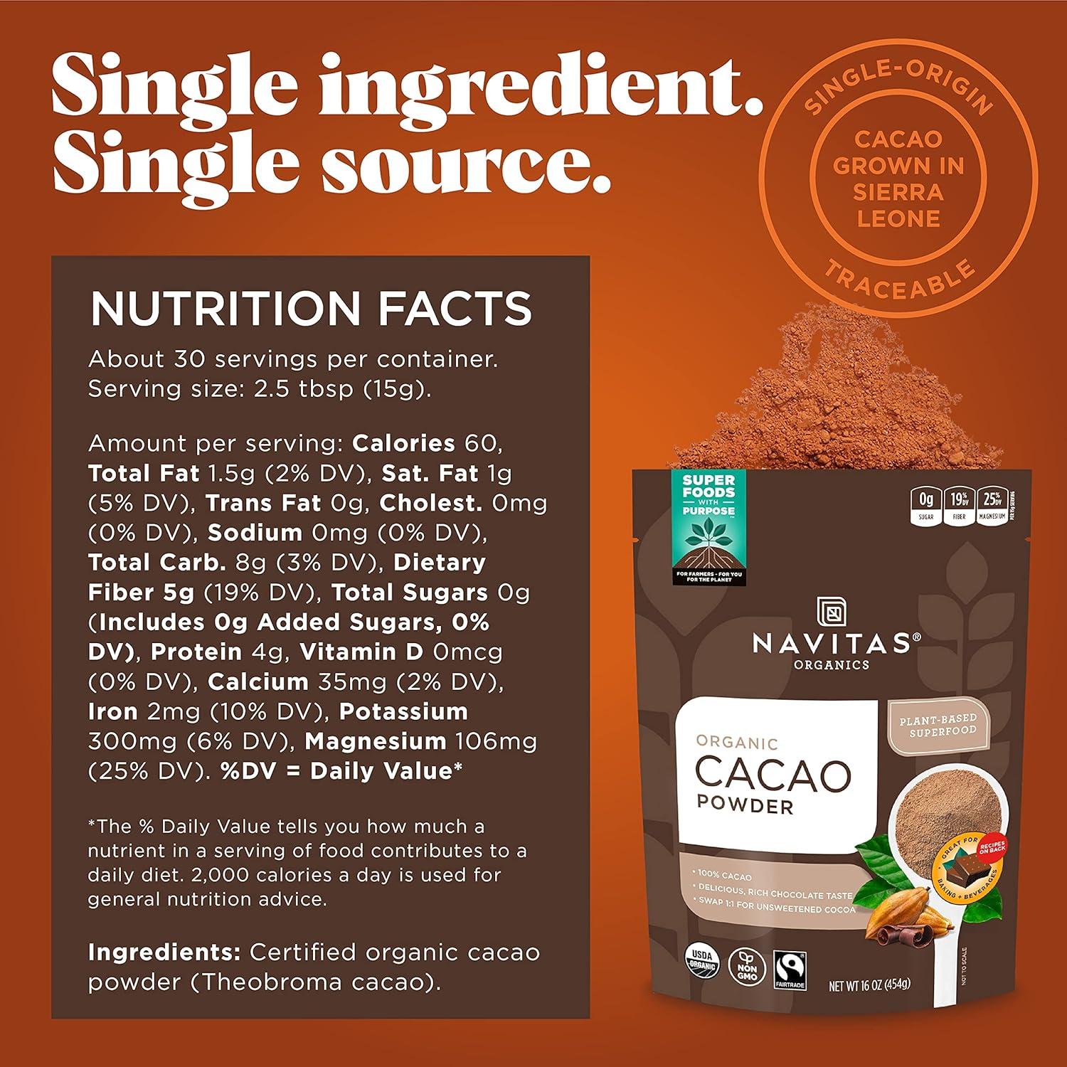 Cacao en Polvo Orgánico Navitas 908 g - Comercio Justo, Sin Gluten