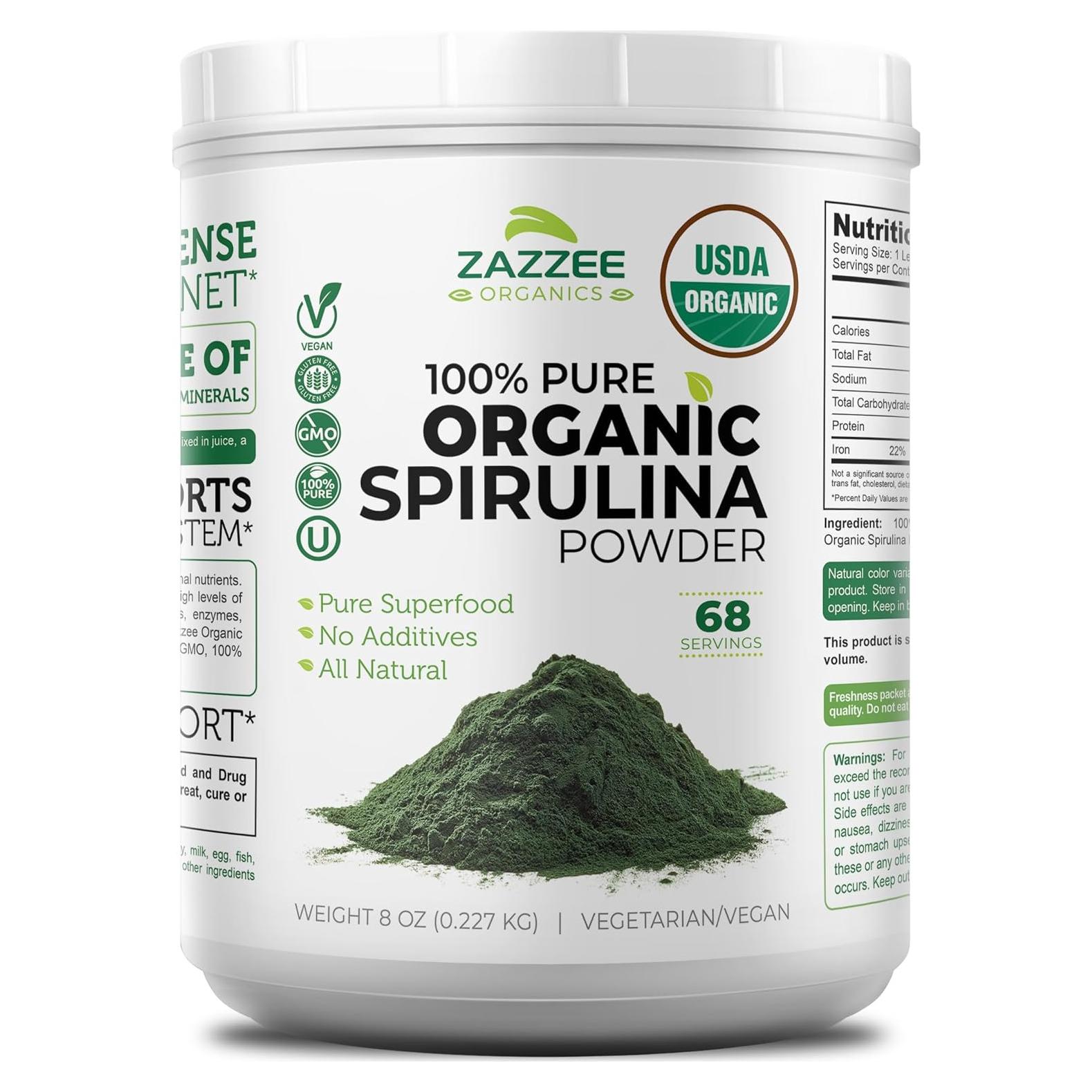 Polvo de Espirulina Orgánica Zazzee 227g - 100% Puro, USDA