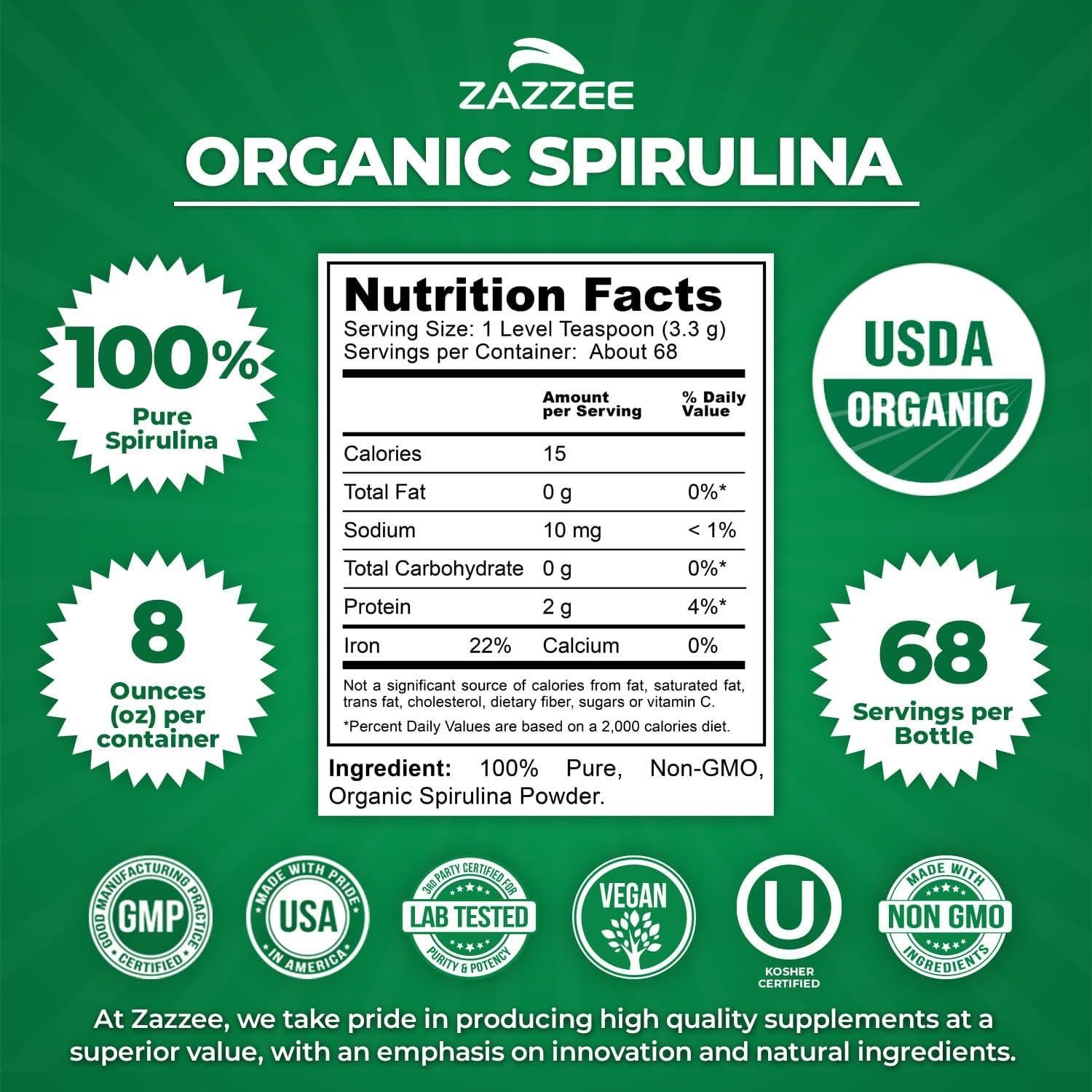 Polvo de Espirulina Orgánica Zazzee 227g - 100% Puro, USDA