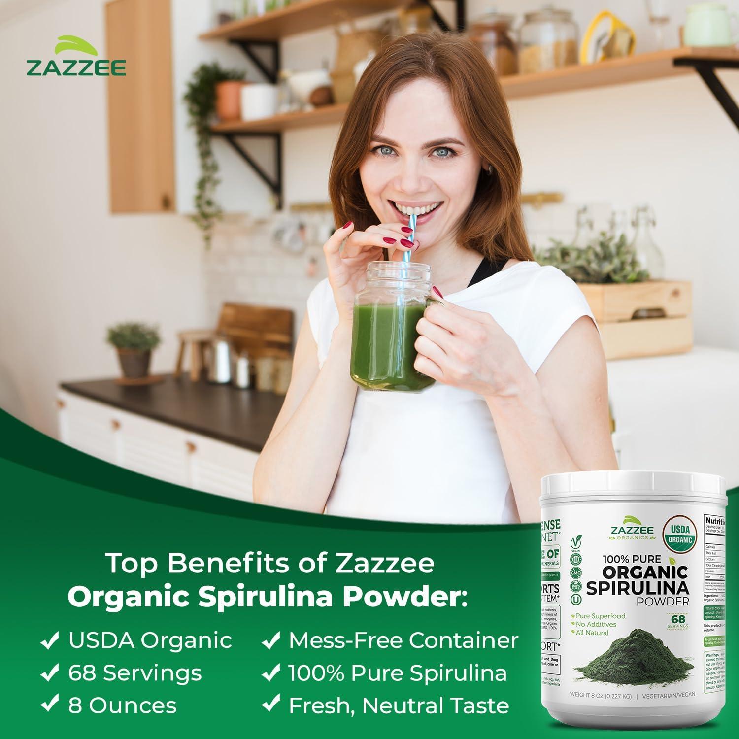 Polvo de Espirulina Orgánica Zazzee 227g - 100% Puro, USDA