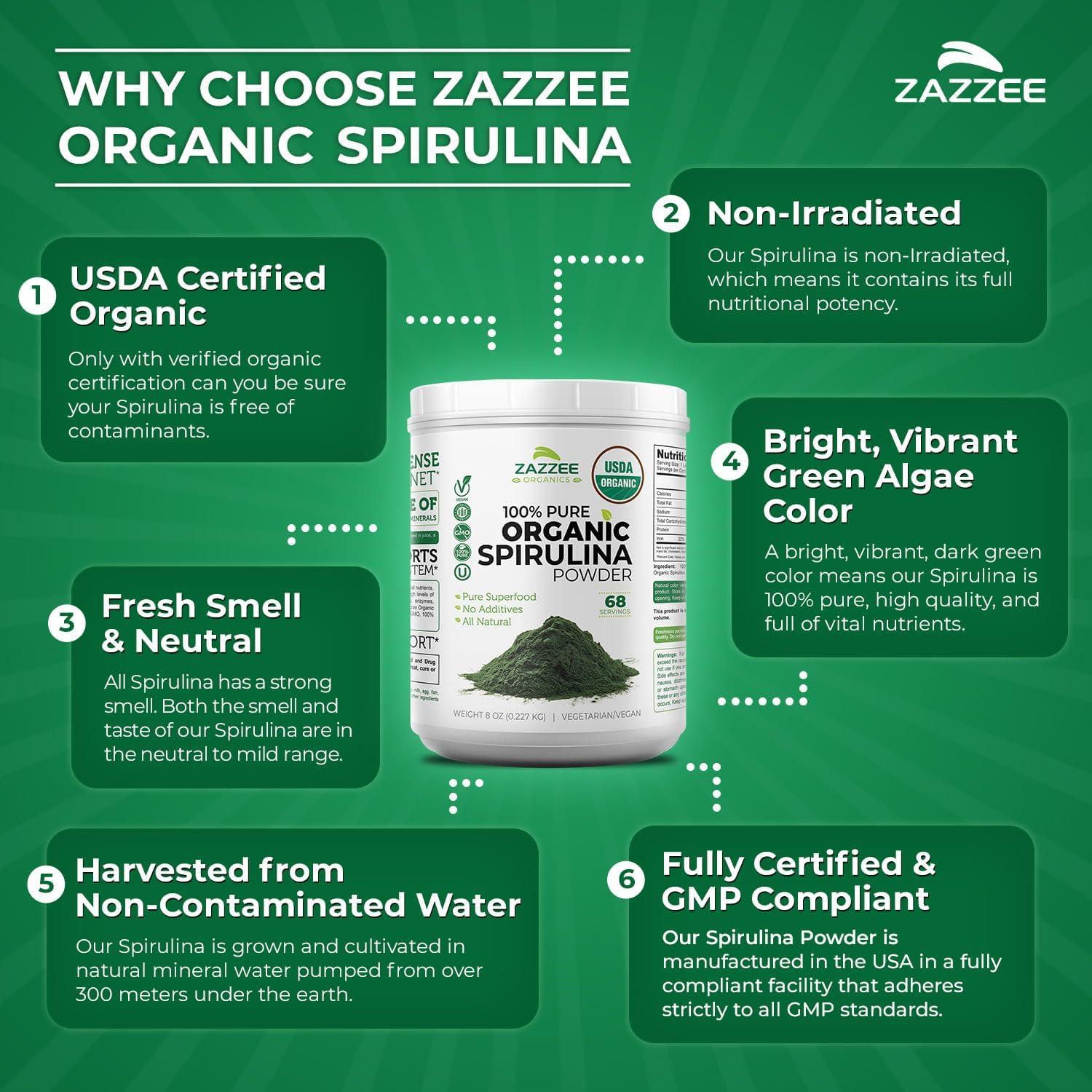 Polvo de Espirulina Orgánica Zazzee 227g - 100% Puro, USDA