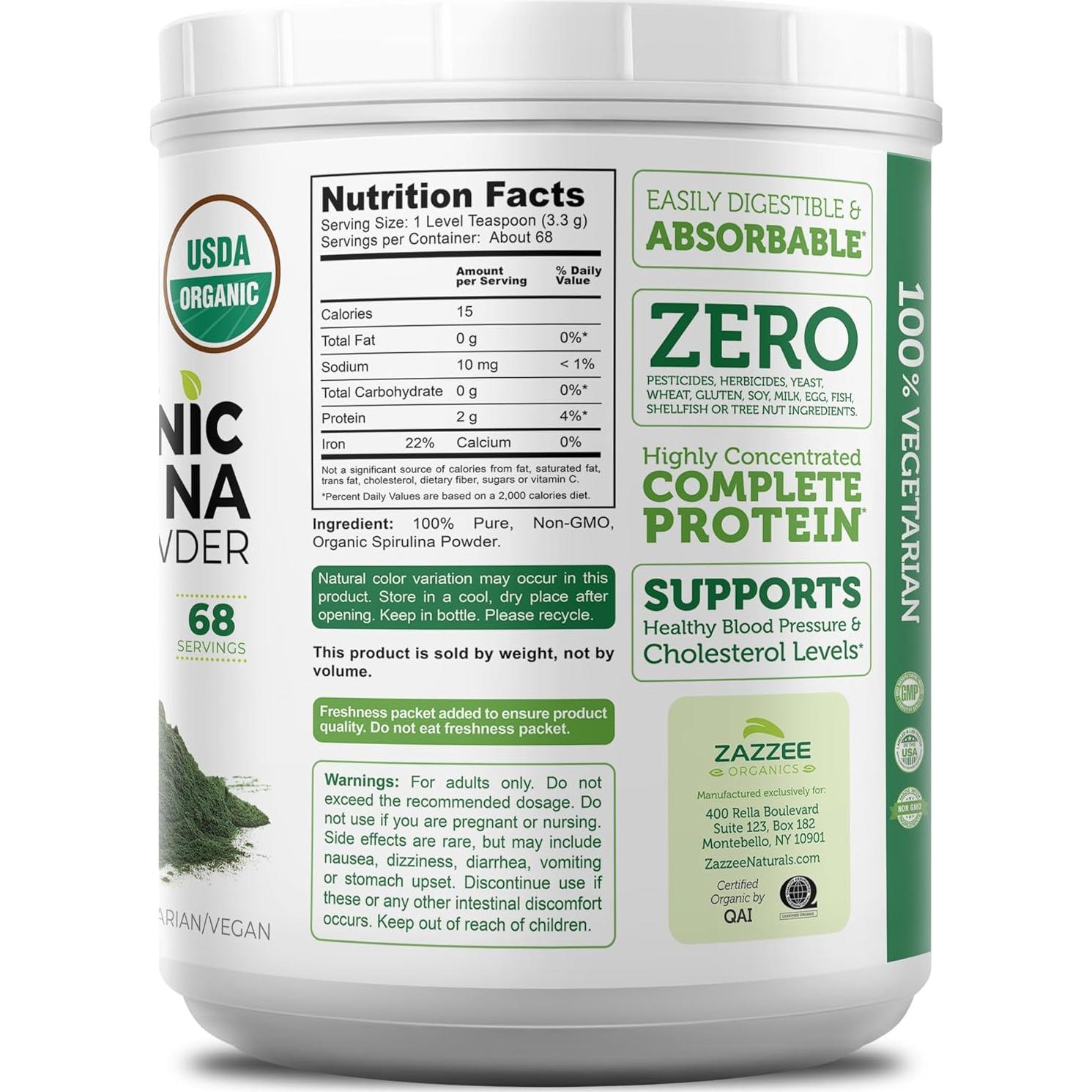 Polvo de Espirulina Orgánica Zazzee 227g - 100% Puro, USDA