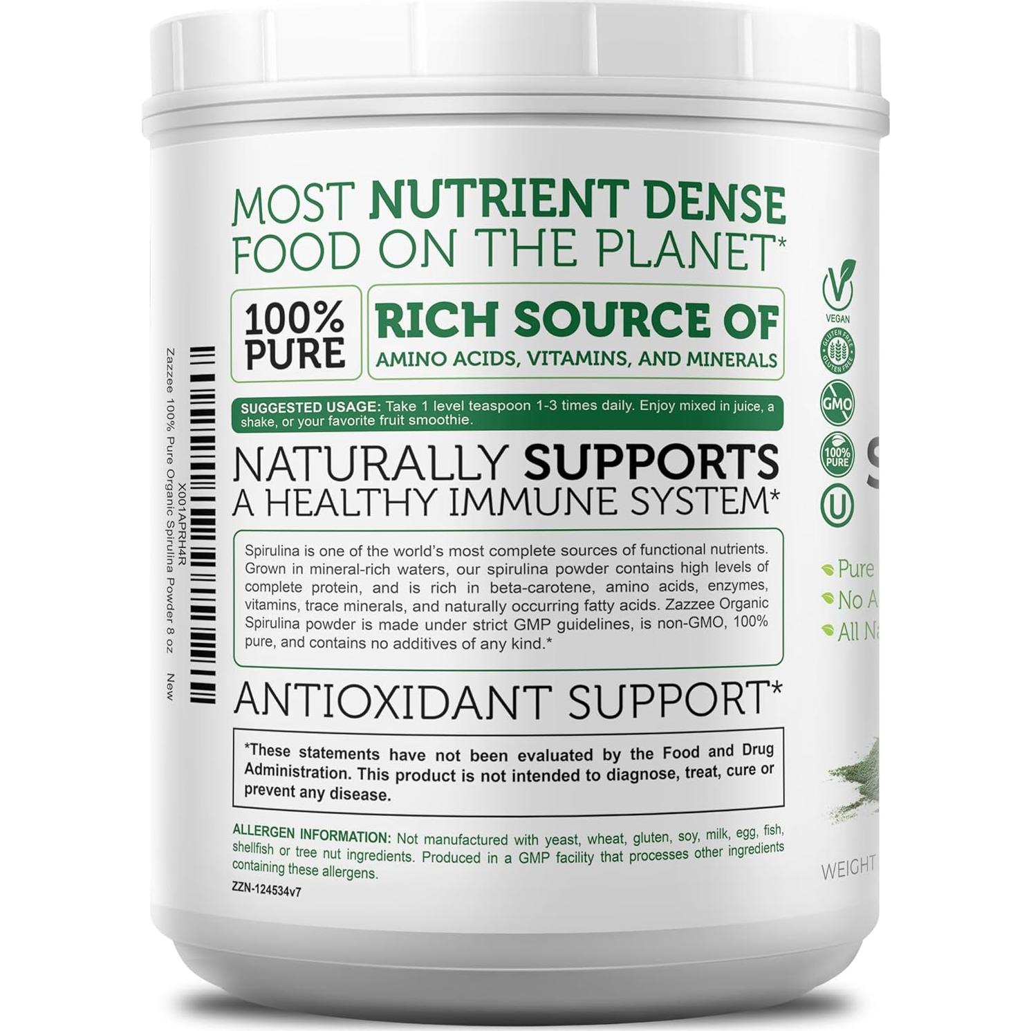 Polvo de Espirulina Orgánica Zazzee 227g - 100% Puro, USDA