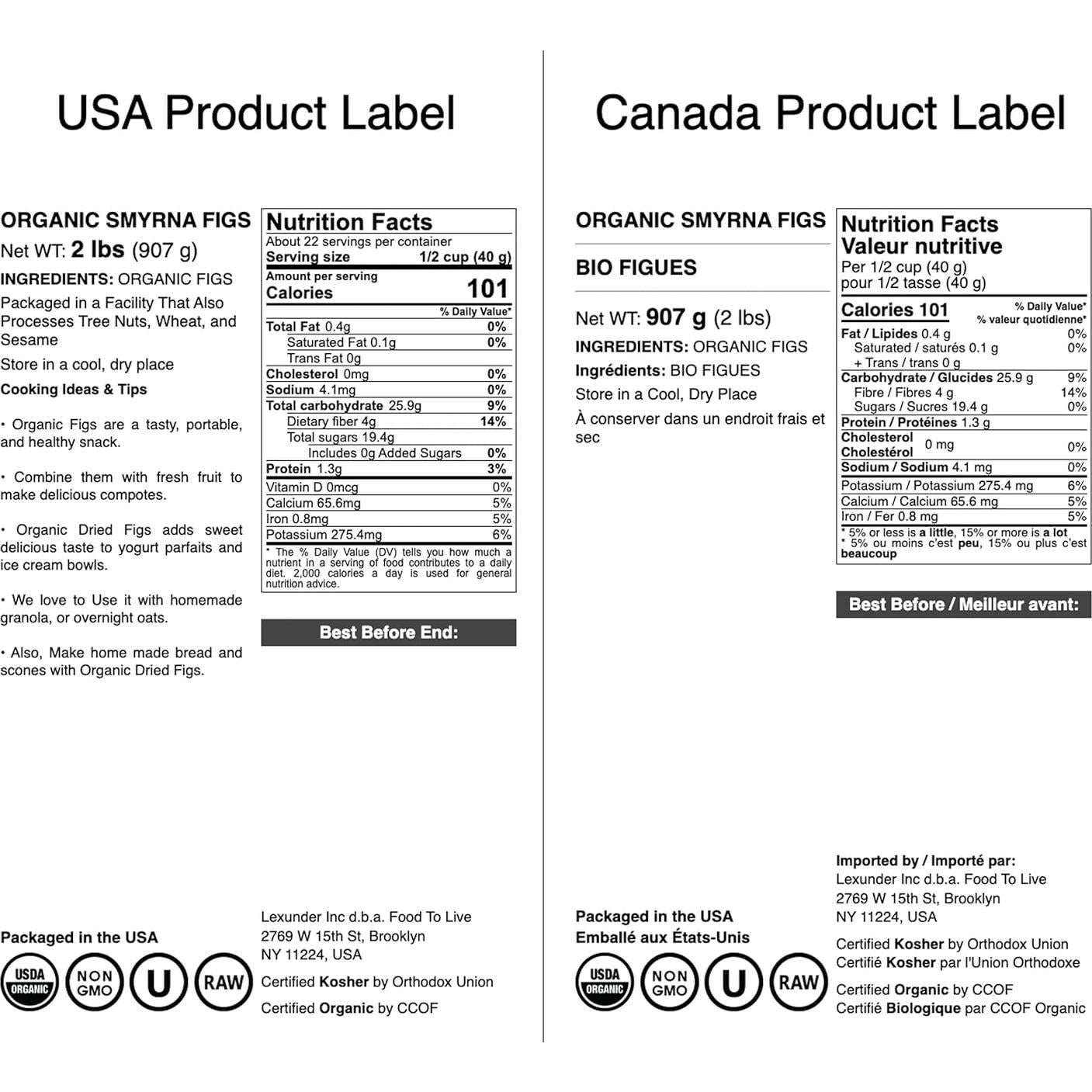 Higos Orgánicos Smyrna Food to Live 0.91 kg - Sin Azúcar Añadido