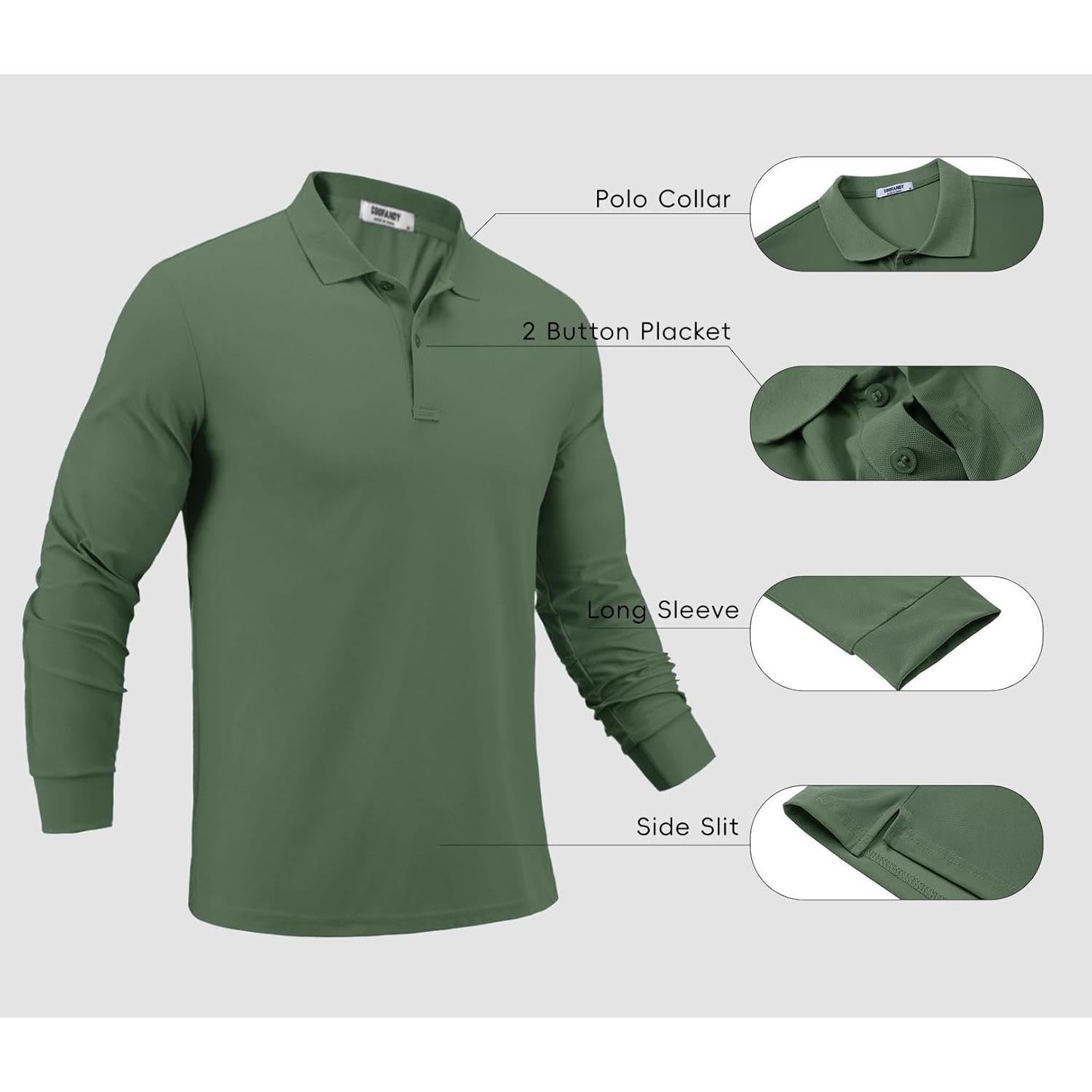 Camisa Polo de Manga Larga COOFANDY para Hombre Verde Militar