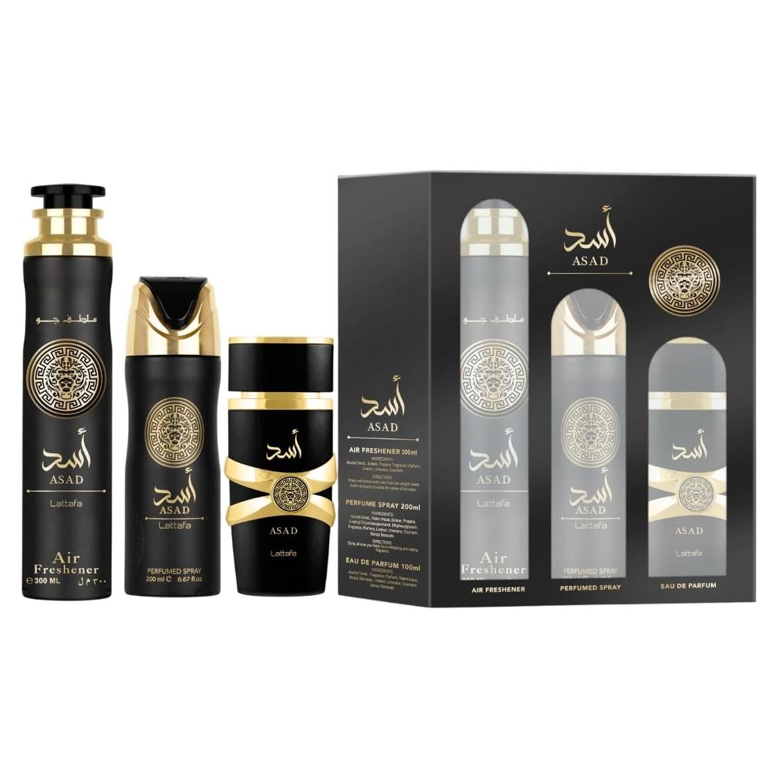 Conjunto de Regalo Lattafa Asad 3 Piezas EDP 100ml + Deo 200ml + Ambientador 300ml